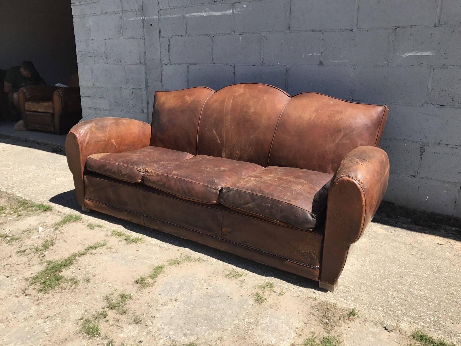 Industrial Rare French Leather Antique Moustache Club Sofa