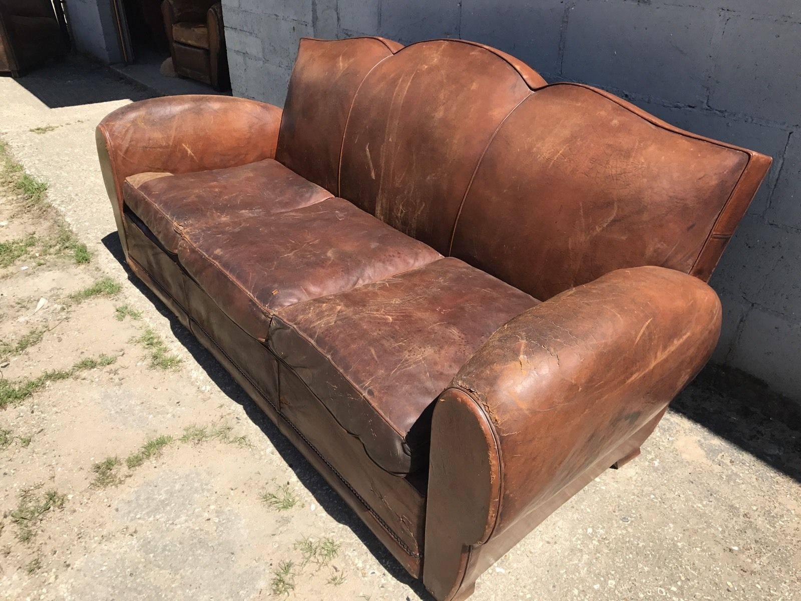 Hand-Crafted Rare French Leather Antique Moustache Club Sofa