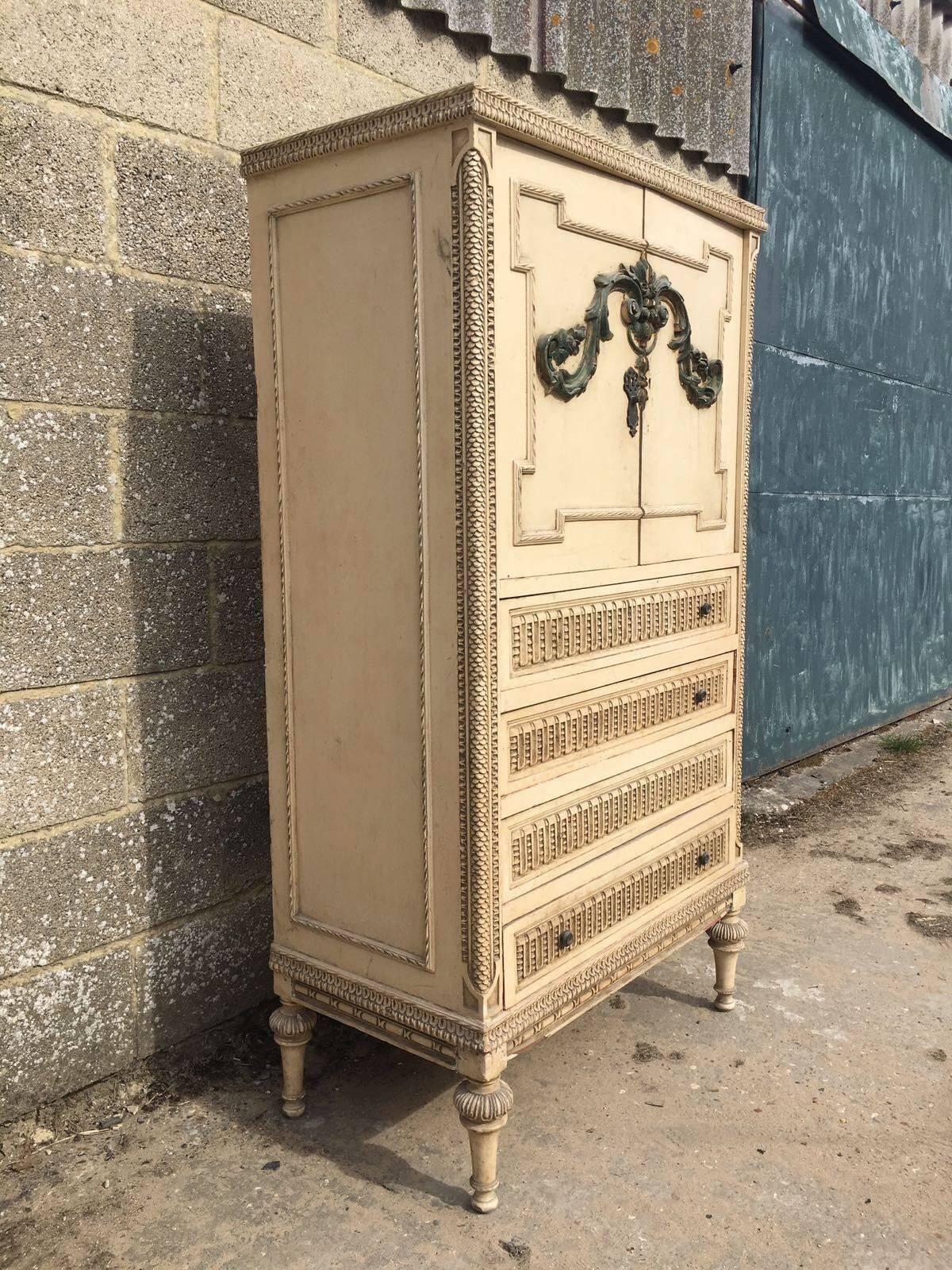 Rare French Antique Original Painted Tallboy In Distressed Condition In Lingfield, West Sussex