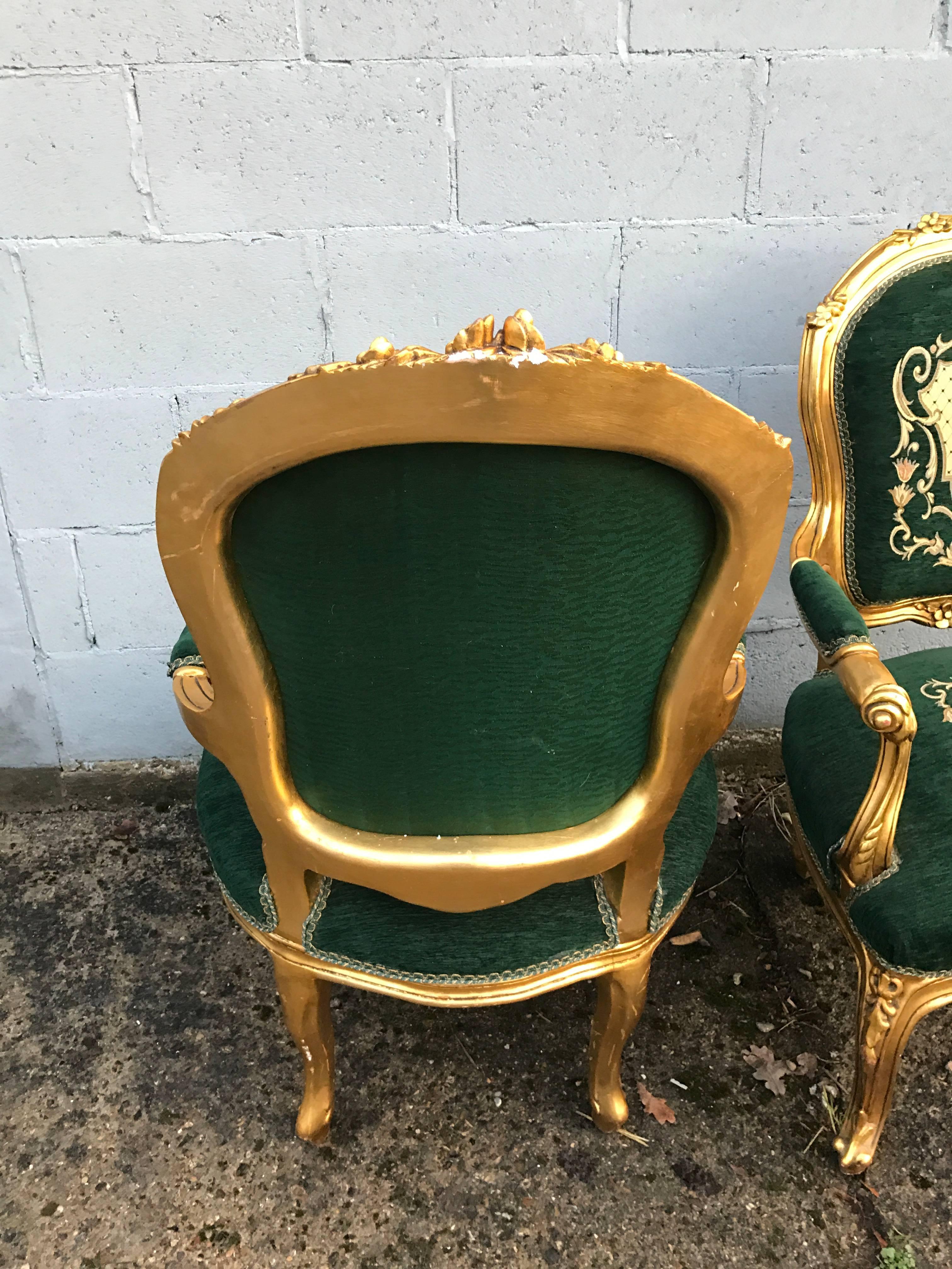 French Pair of 20th Century Rococo Gilt Bedroom Chairs