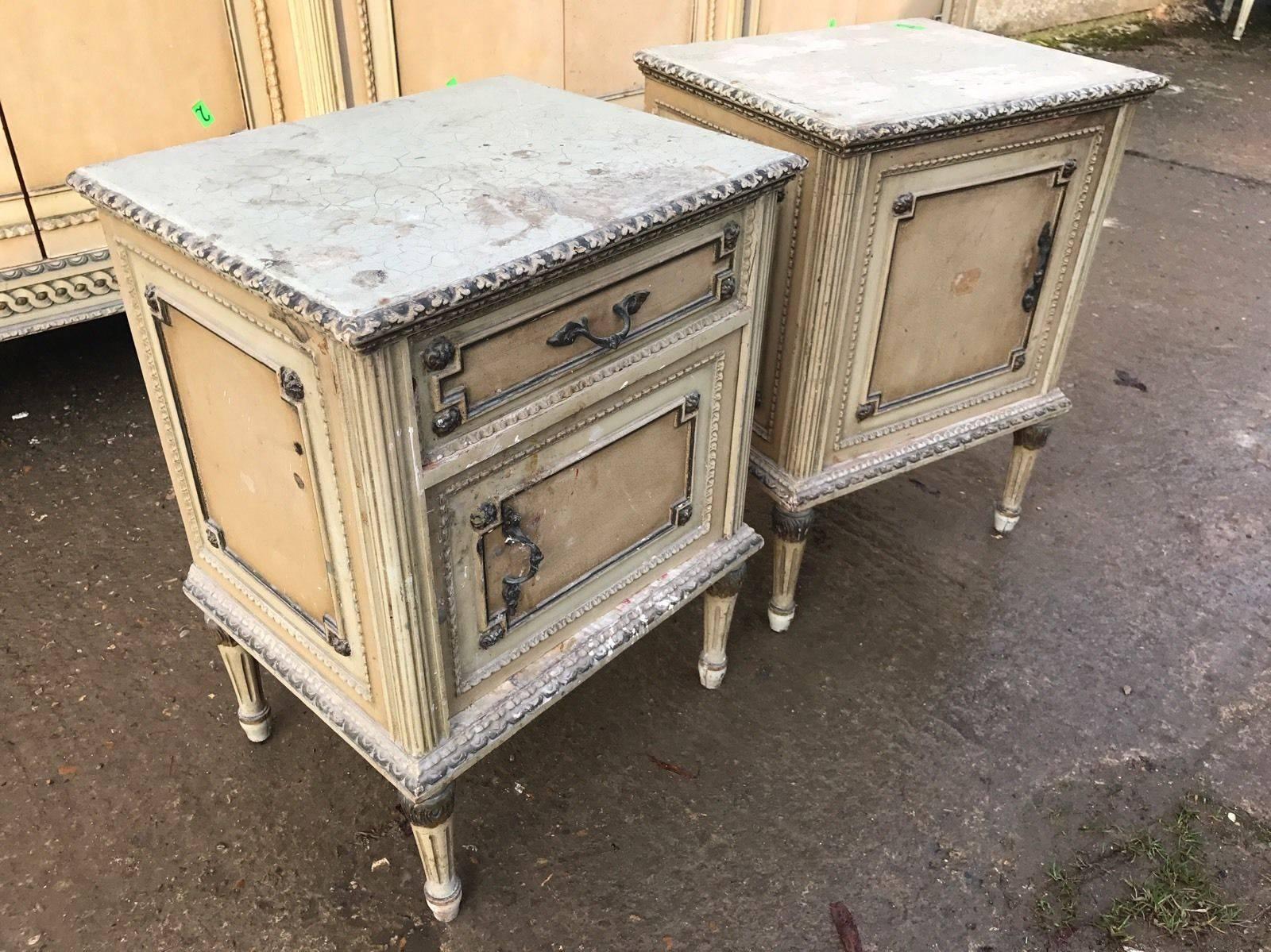 A very shabby pair of French bedside tables. Distressed and original, they consist of a cupboard and drawer. Structurally sound but very chipped and distressed, please view pictures!