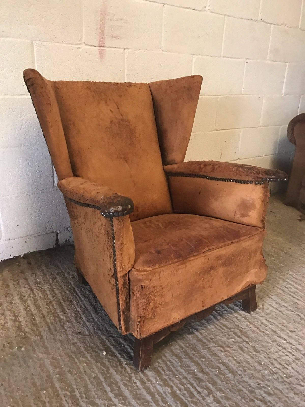Rare, Antique and Vintage Rustic French Leather Industrial Club Chair In Distressed Condition In Lingfield, West Sussex