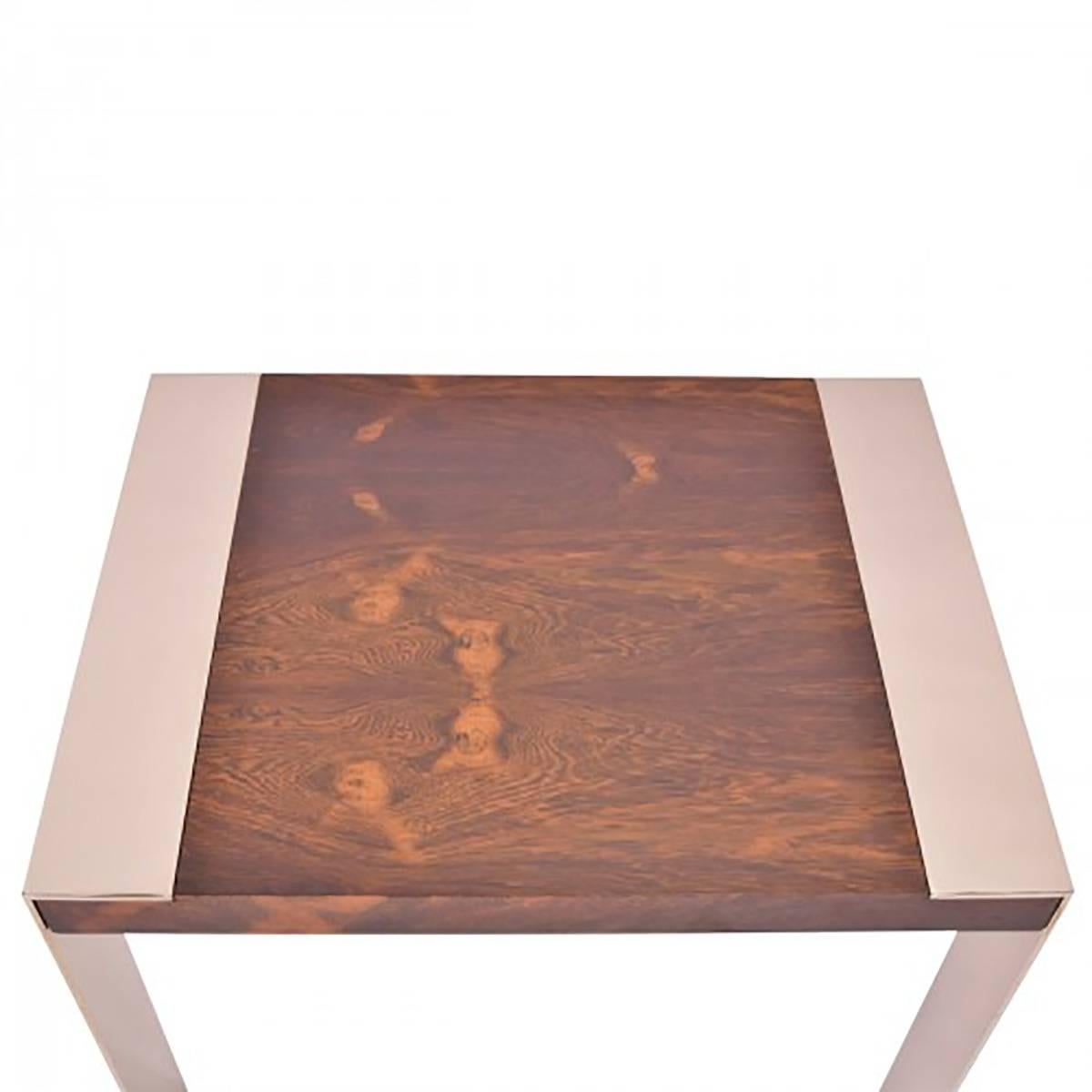 Vintage square end table in the style of Milo Baughman, rosewood top with chrome slim legs. Fully restored.
