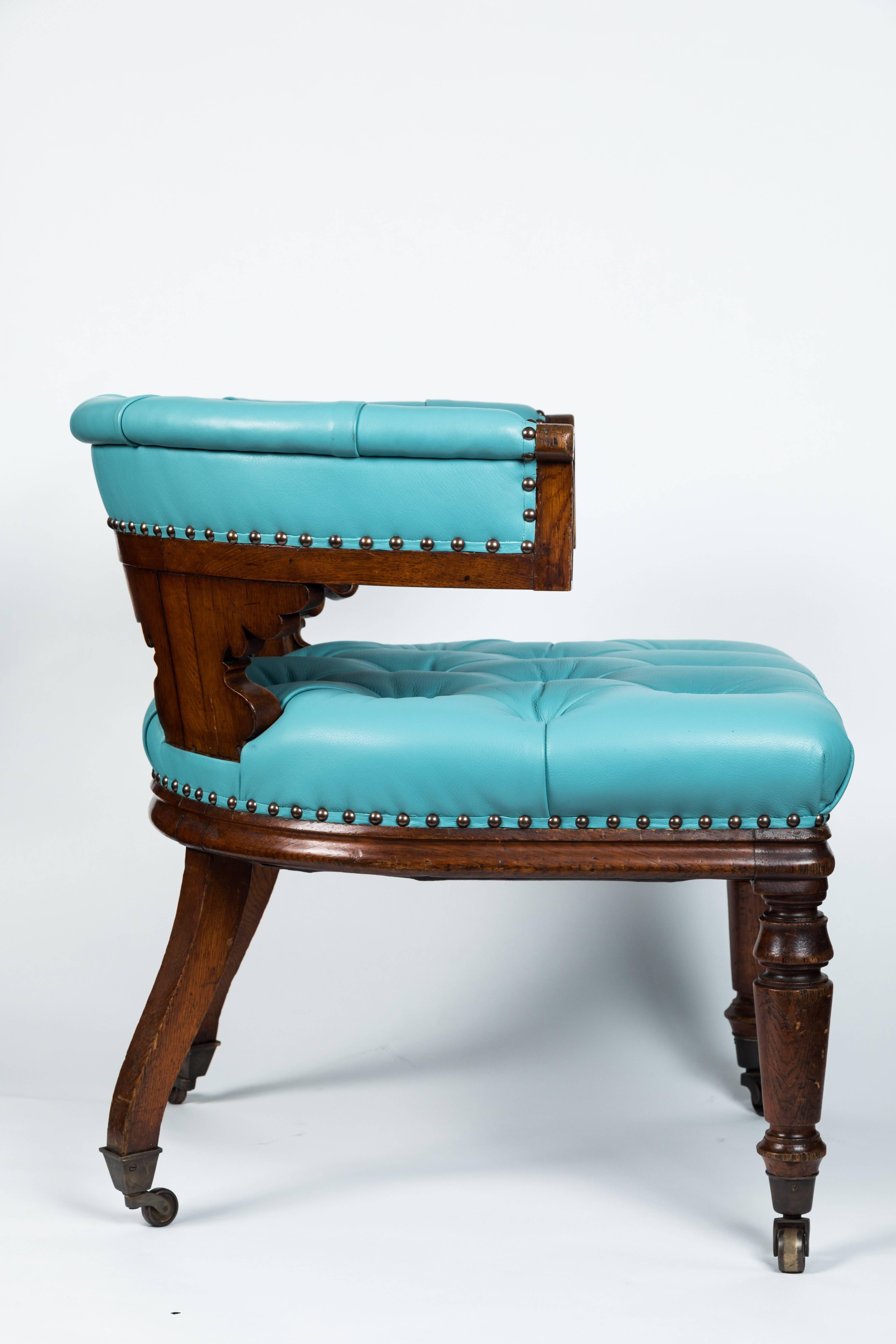 English Antique William IV Chair in Mahogany and Turquoise Leather