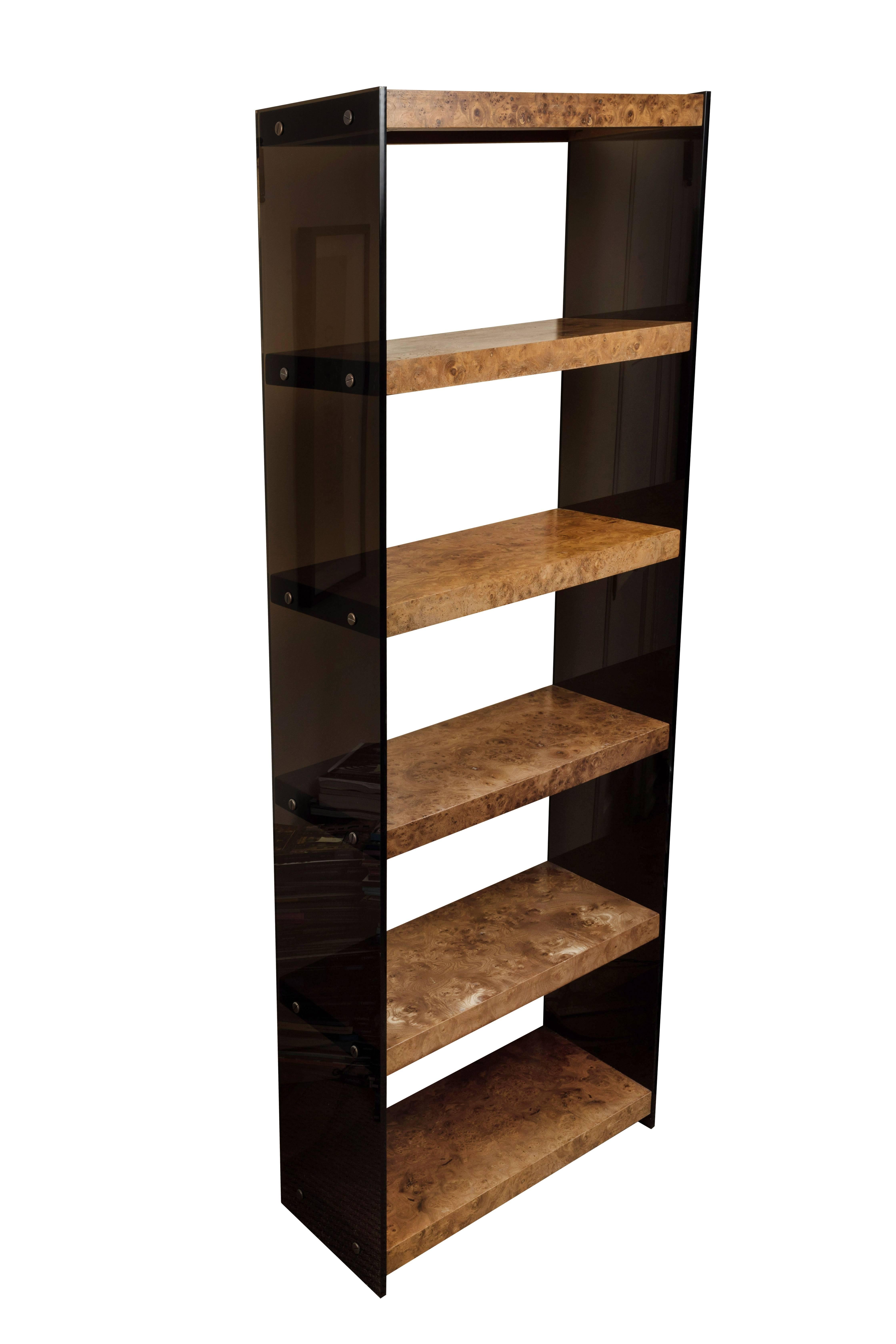 Set of Three Burl Wood and Smoked Plexiglass Bookcases In Excellent Condition For Sale In LOS ANGELES, CA