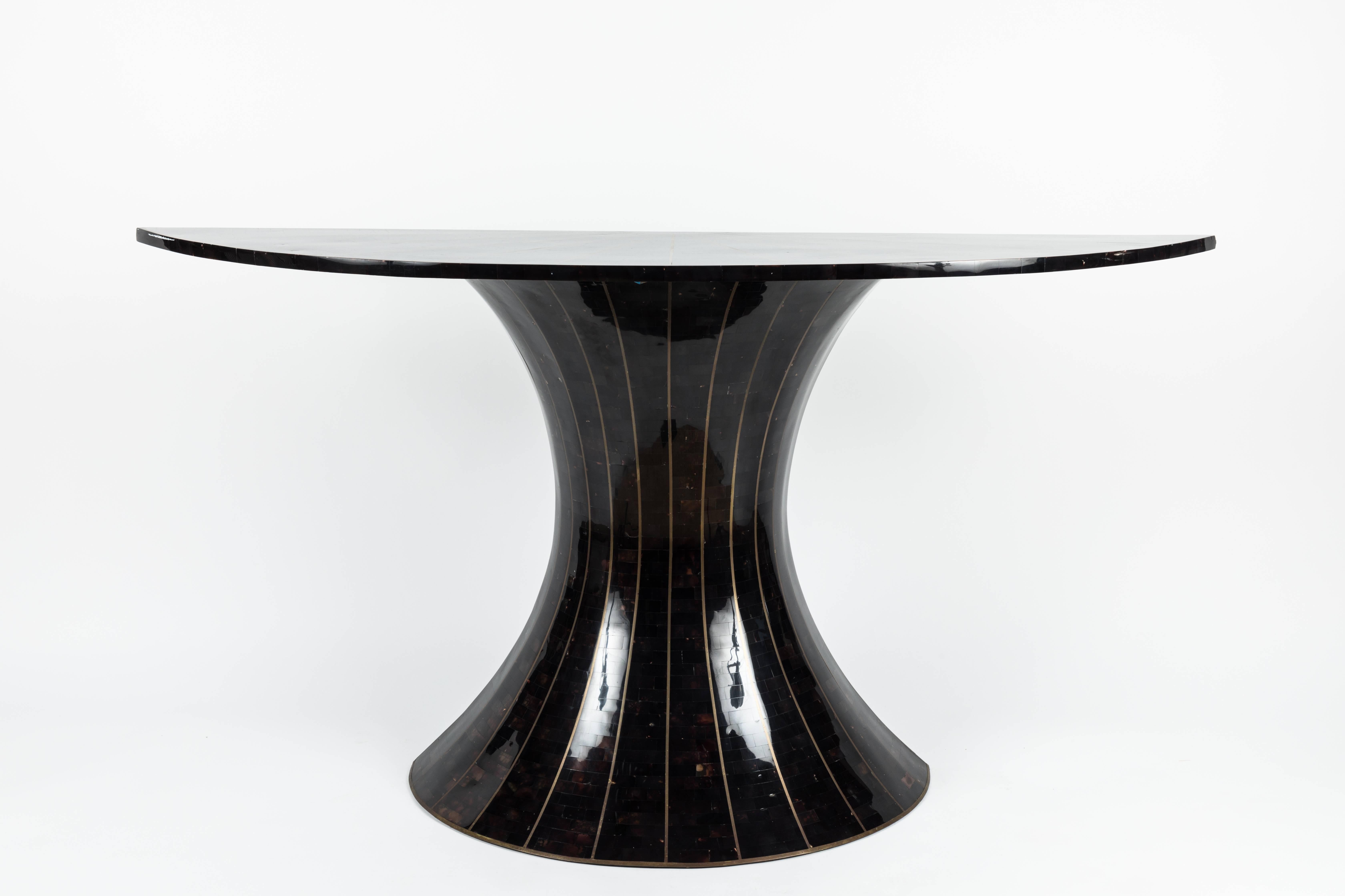 Demilune console table in tessellated horn with brass inlays by Maitland-Smith. Recently re-polished.