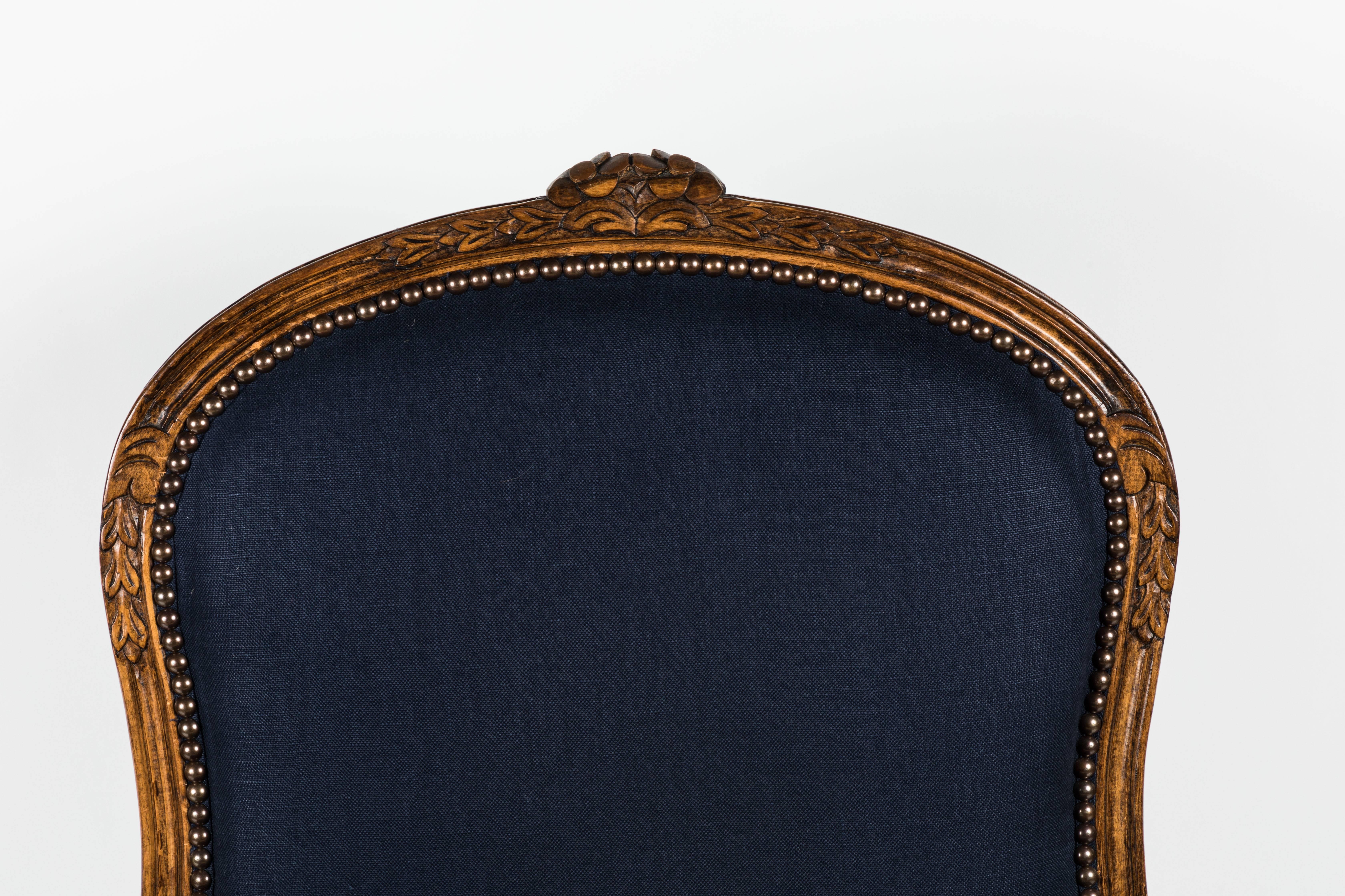 Carved Pair of Louis XV Blue Fauteuil Armchairs For Sale