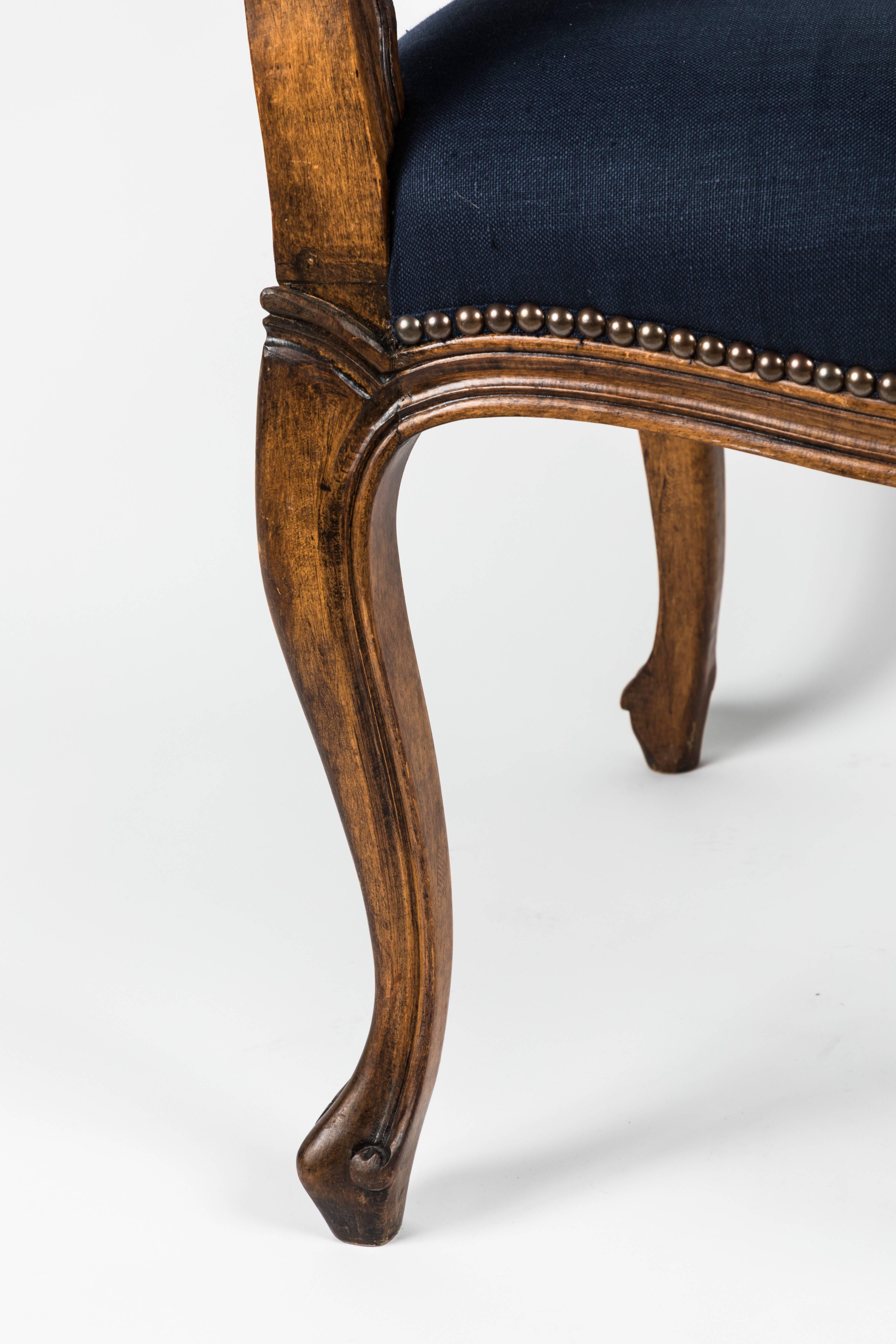 Fruitwood Pair of Louis XV Blue Fauteuil Armchairs For Sale