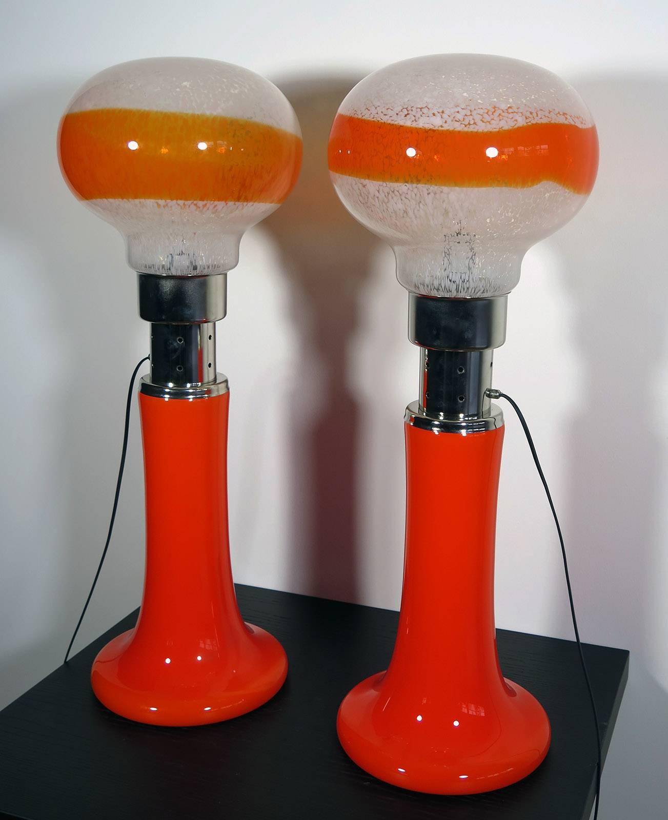 Mazzega White Orange Bubble Glass Floor Lamps In Excellent Condition For Sale In Padova, IT