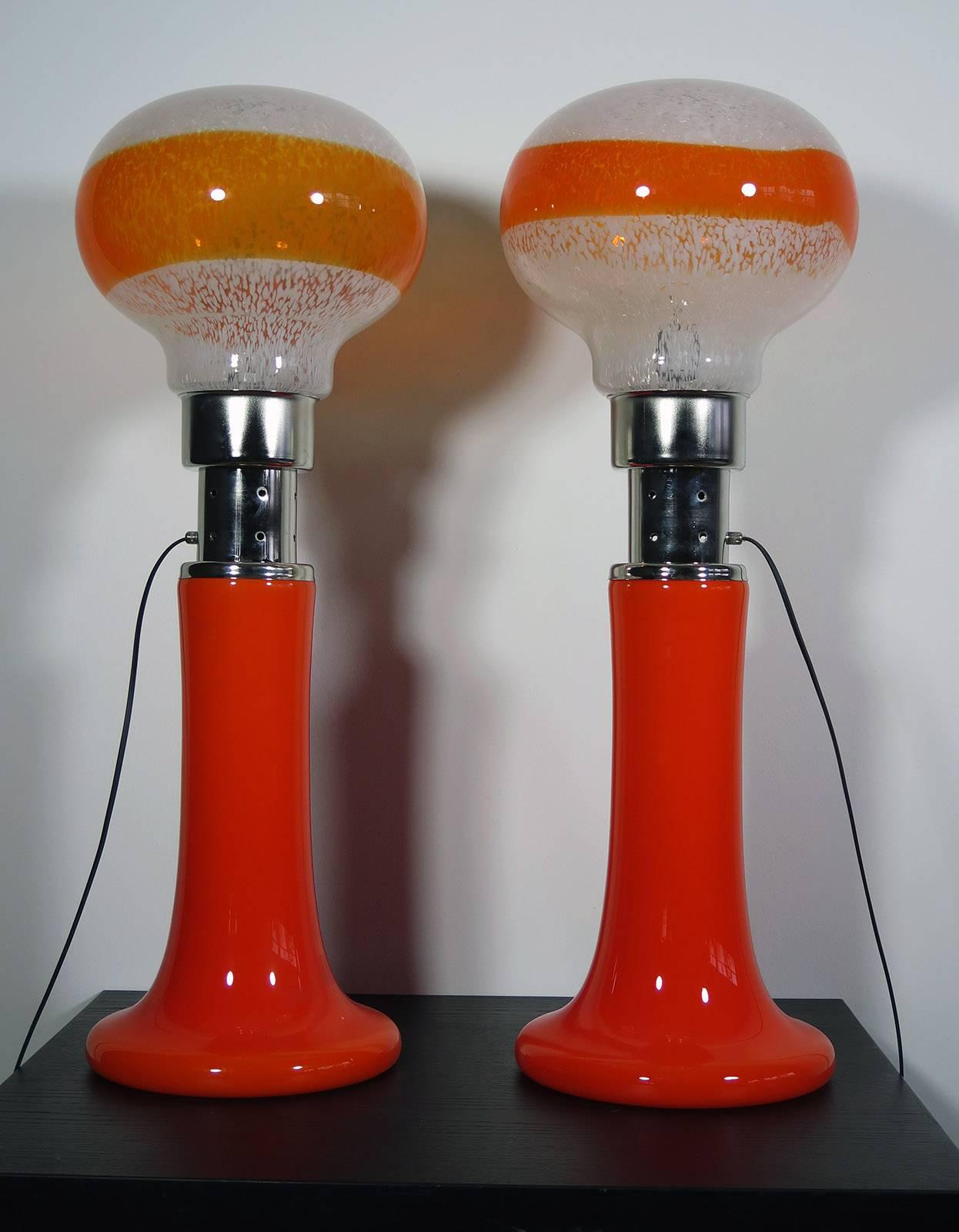 Late 20th Century Mazzega White Orange Bubble Glass Floor Lamps For Sale