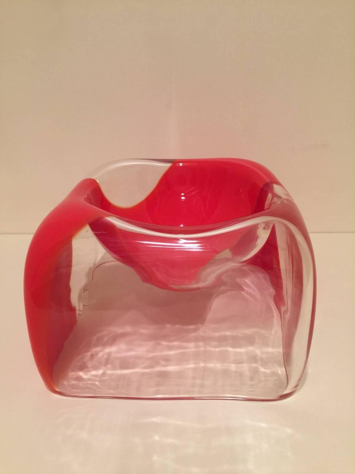 Very rare bowl, centralpiece or candleholder designed by by Carlo Nason for Mazzega in crystal with coral band.