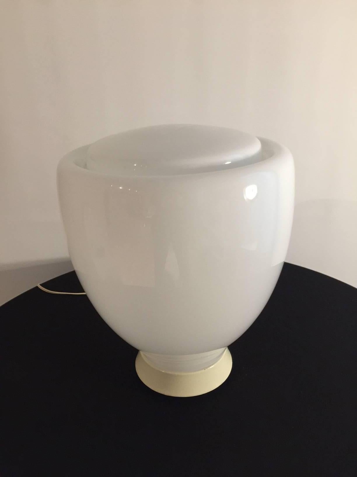 Wonderful big milk glass table lamp with cream varnished metal base designed by Claudio Salocchi for Lumenform in 1968. Perfect conditions.