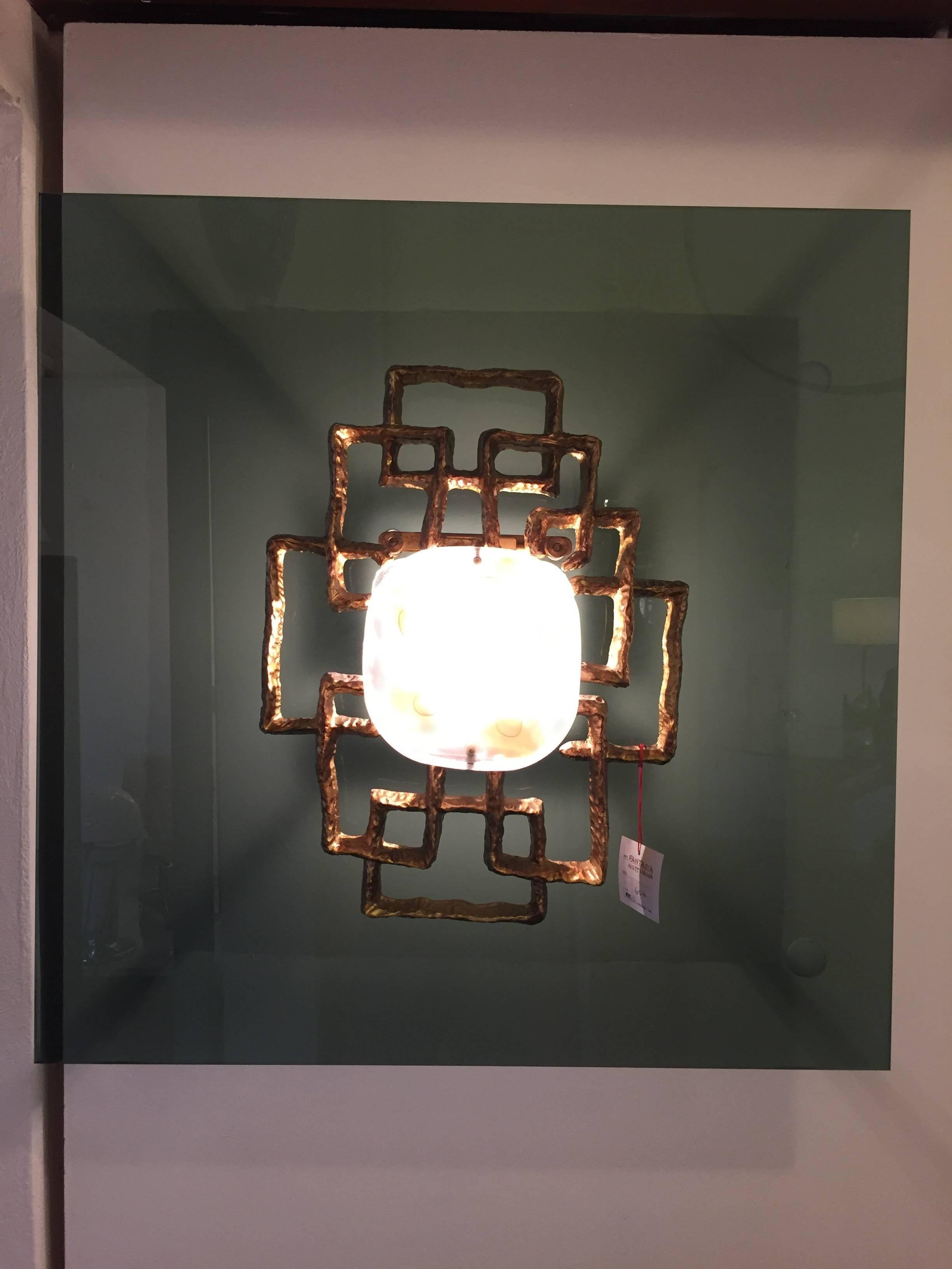 Mid-Century Modern Angelo Brotto Light Panel in Murano Glass and Bronze Relief, Esperia, 1970 For Sale