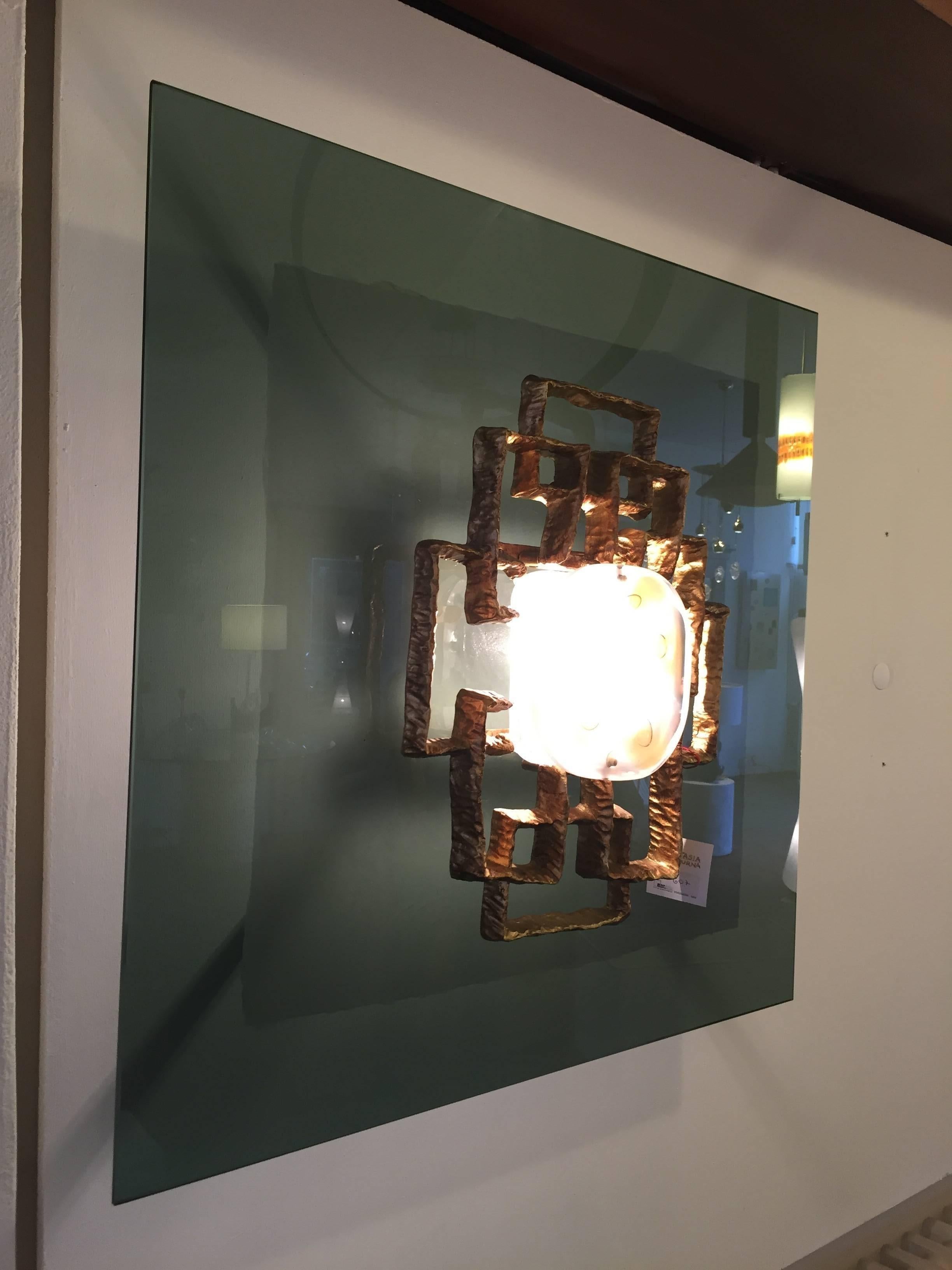 Italian Angelo Brotto Light Panel in Murano Glass and Bronze Relief, Esperia, 1970 For Sale