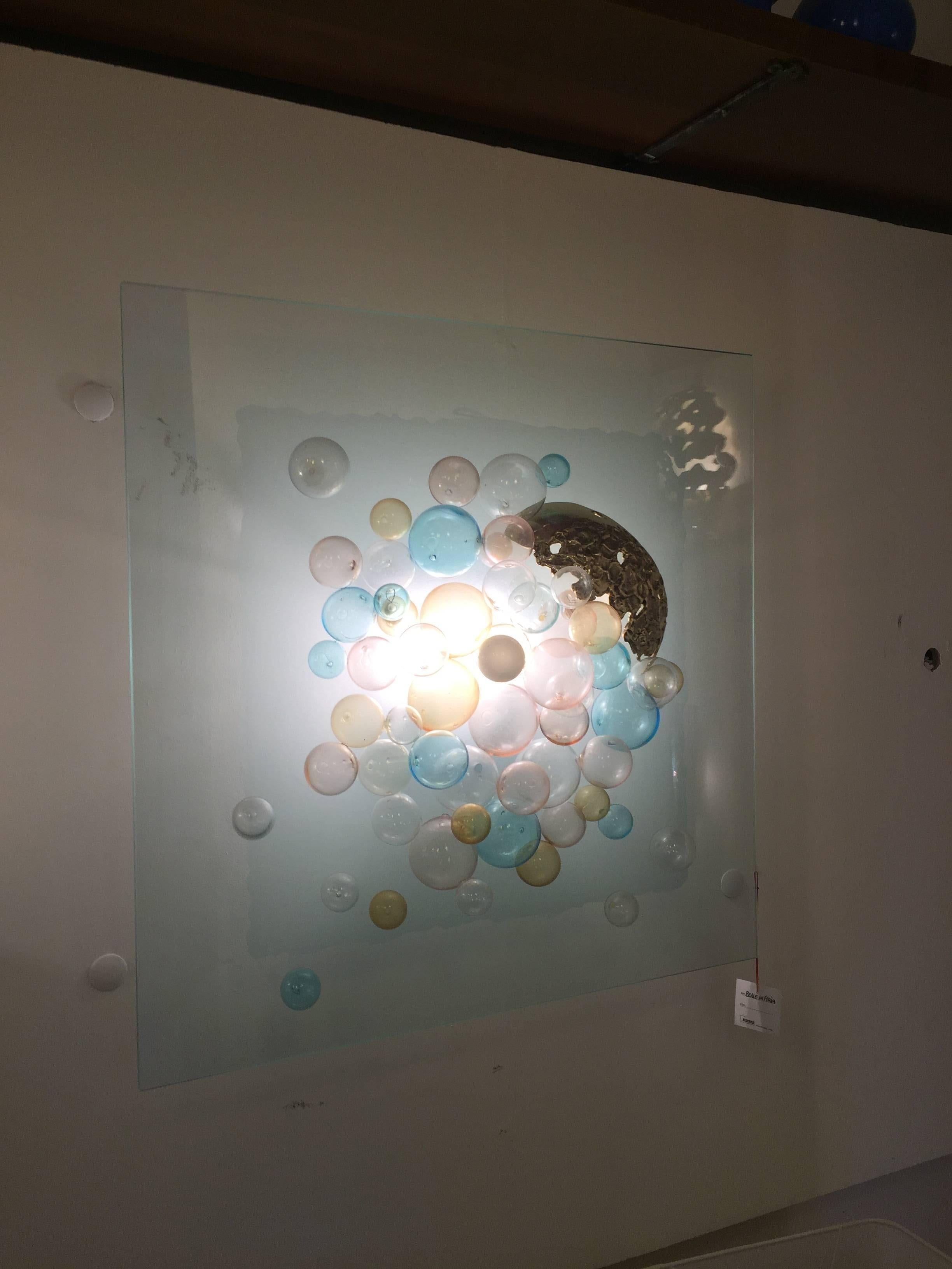 Amazing wall light panel, designed by Angelo Brotto for Esperia in the 1970s. Multicolor glass bubbles with bronze sculpture.