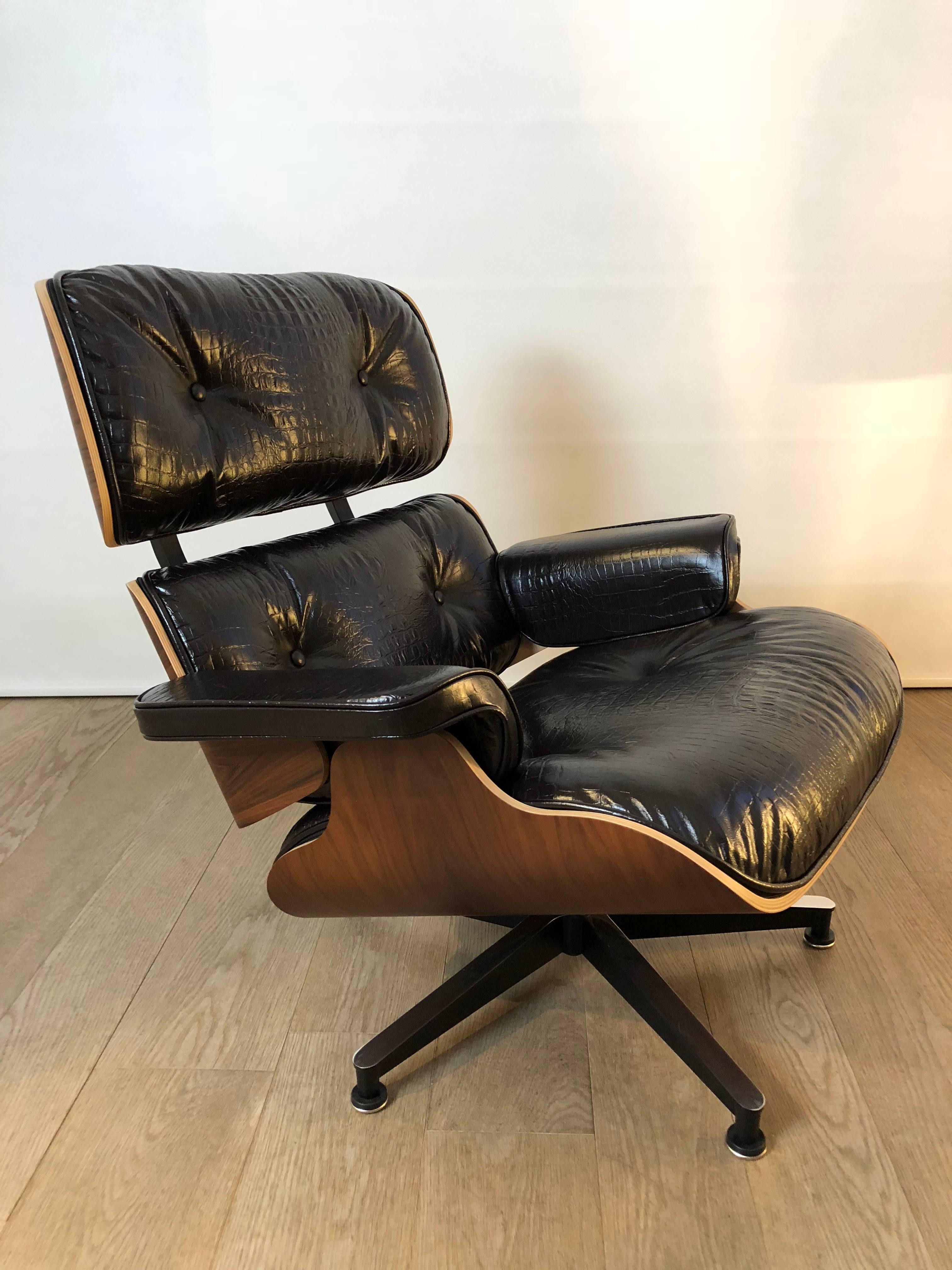 Leather Eames Lounge Chair and Ottoman, Rosewood, Crocodile, Herman Miller For Sale