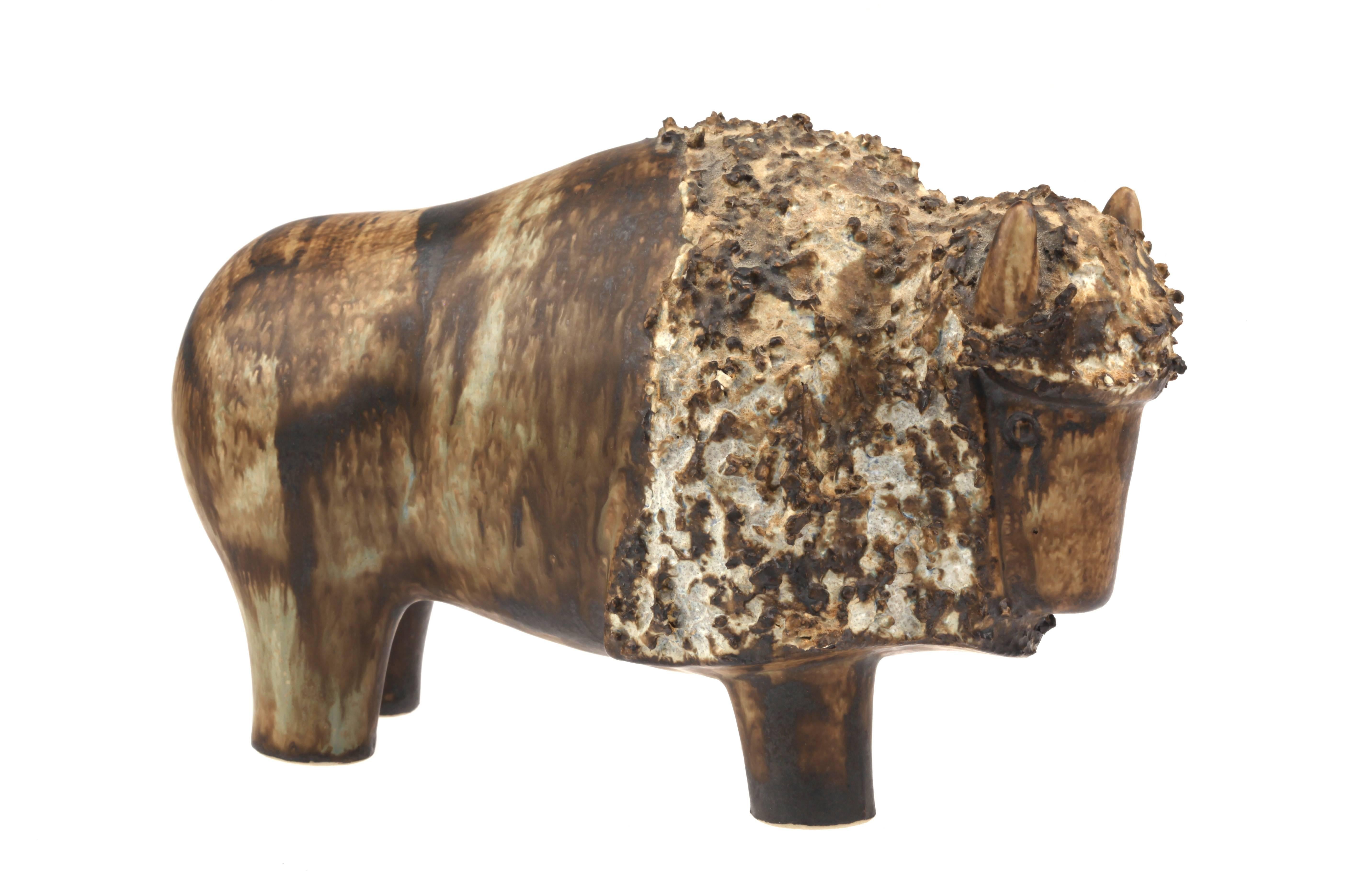 Mid-Century Modern Ego Stengods Lidkōping Swedish Ceramic Bison, Bisonoxe For Sale