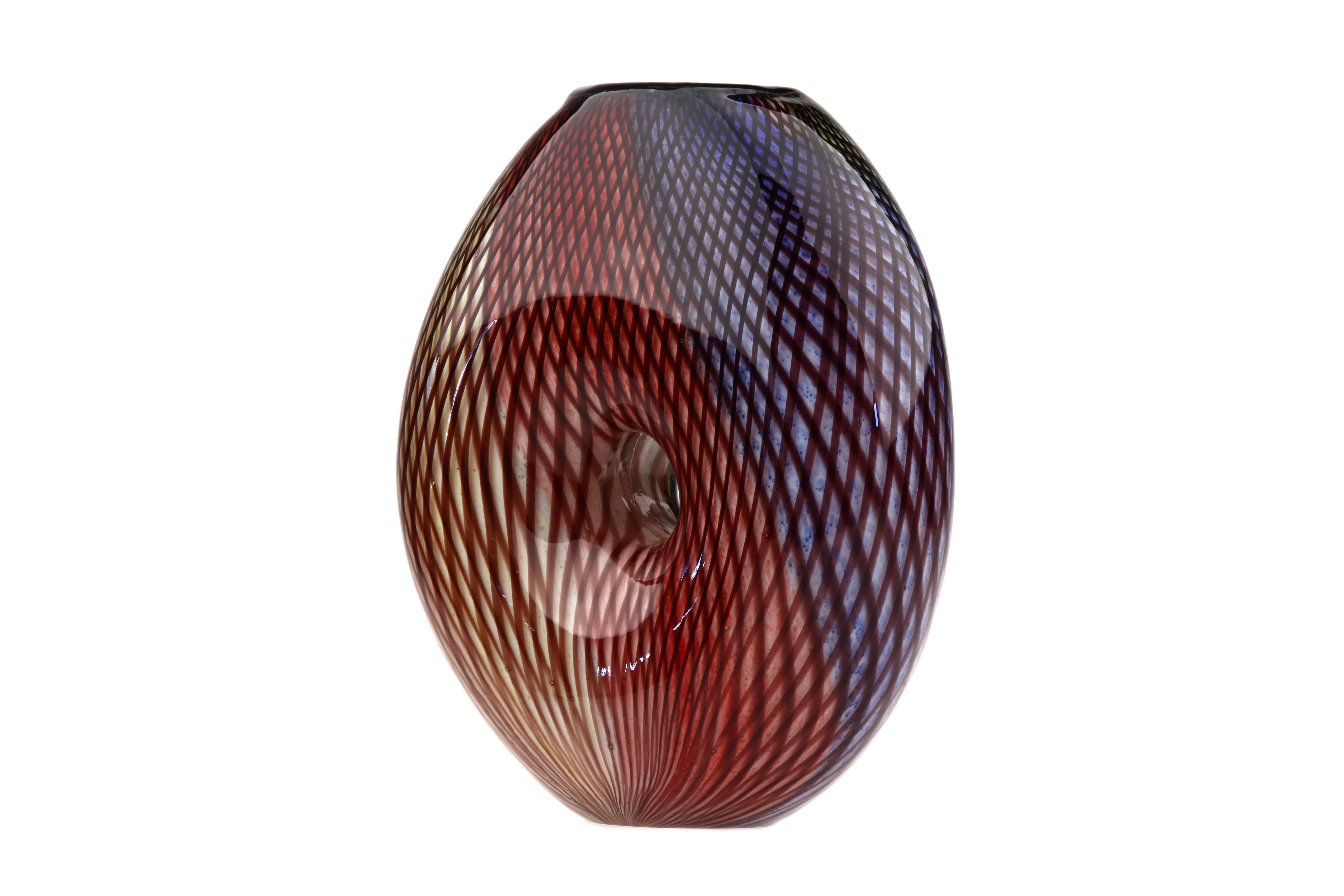 Mid-Century Modern Mid-Century Murano Glass Vase with Multicolor Mezza Filigrana For Sale