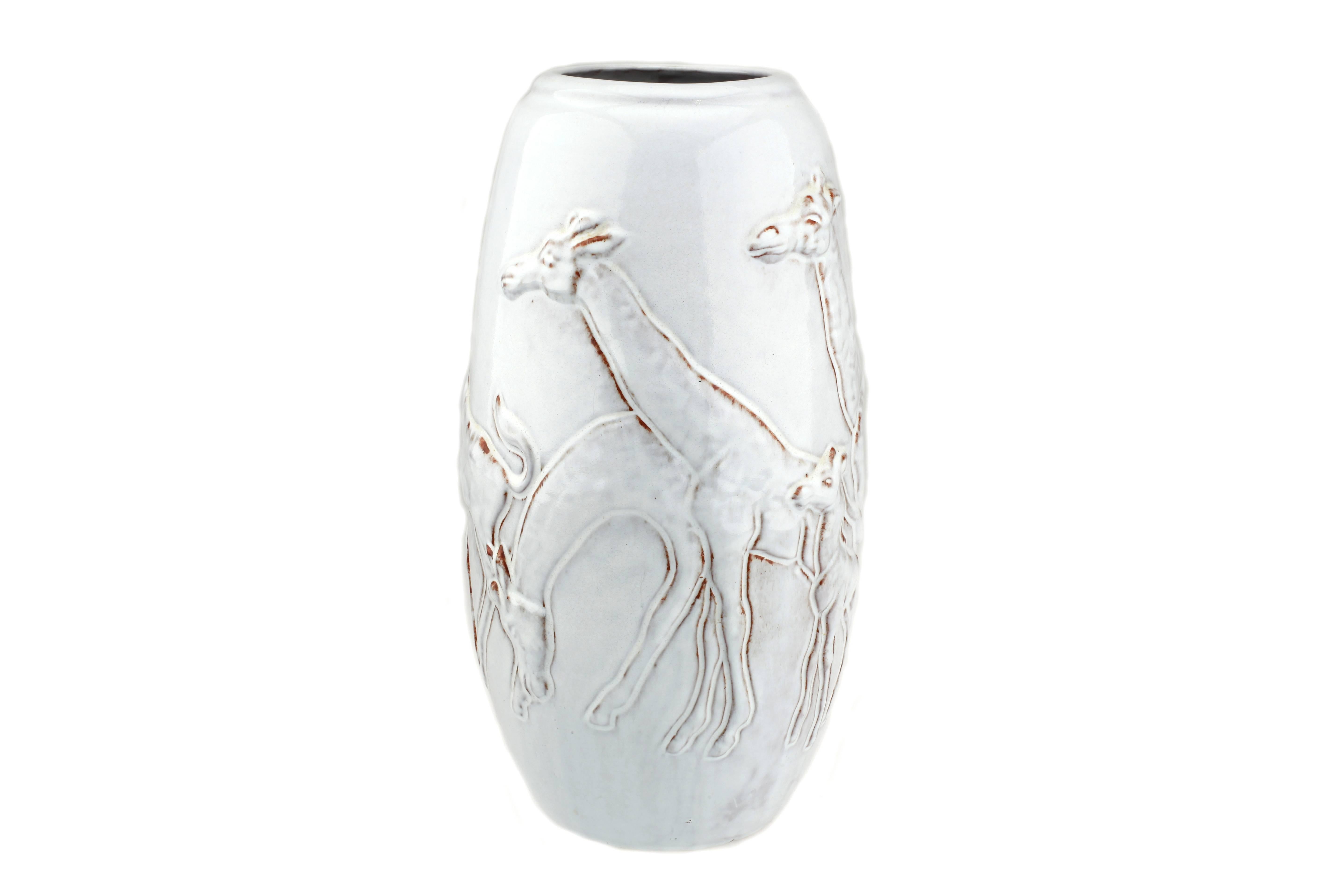 Mid-Century Modern Dutch Pottery Mobach Grey Glazed Earthenware Vase with Relief Images of Giraffes For Sale