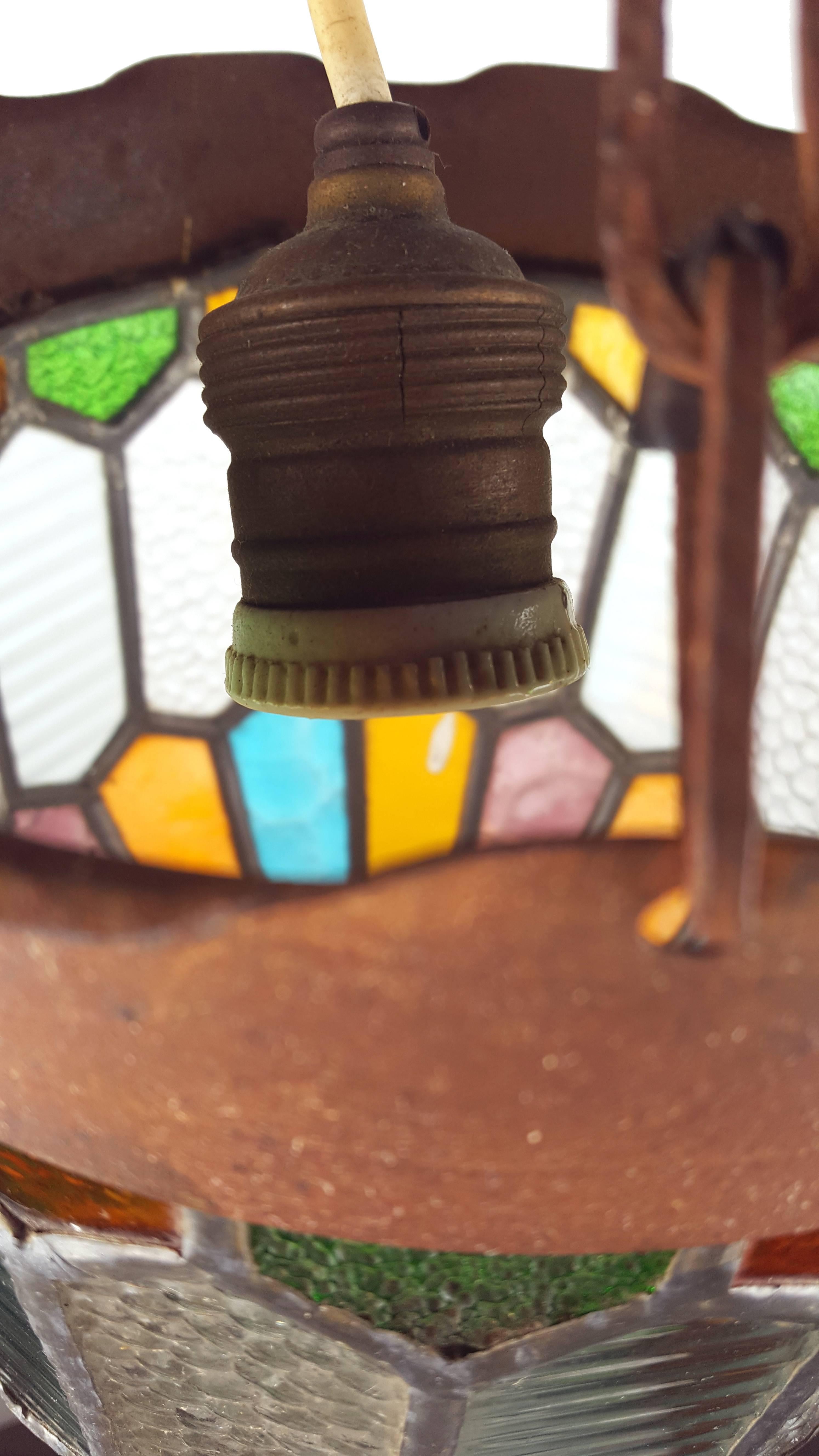 Metal Gothic Style Chandelier or Light Fixture Colored Stained Glass Hanging Lantern For Sale