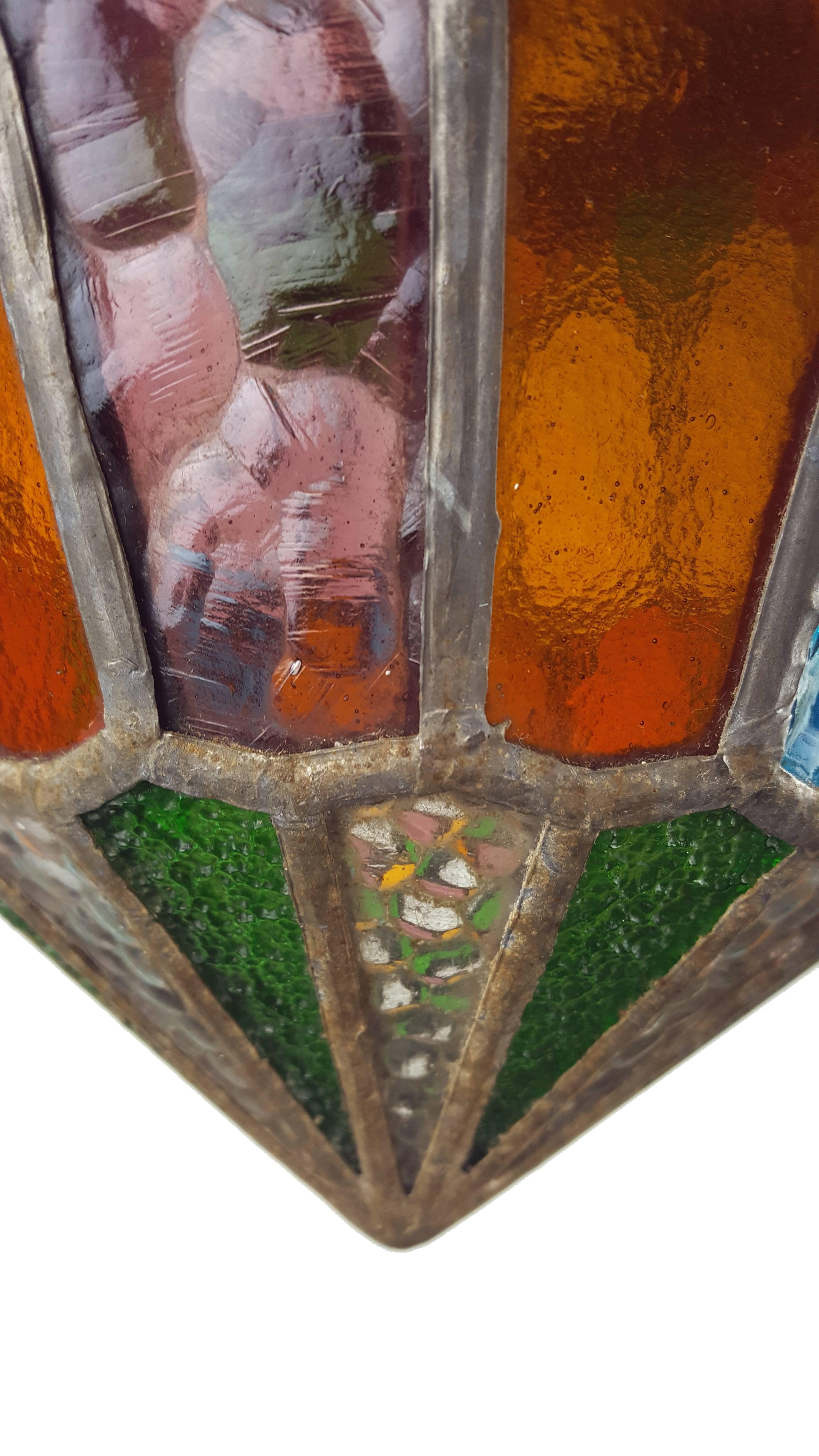Gothic Style Chandelier or Light Fixture Colored Stained Glass Hanging Lantern In Good Condition For Sale In Waverveen, Utrecht
