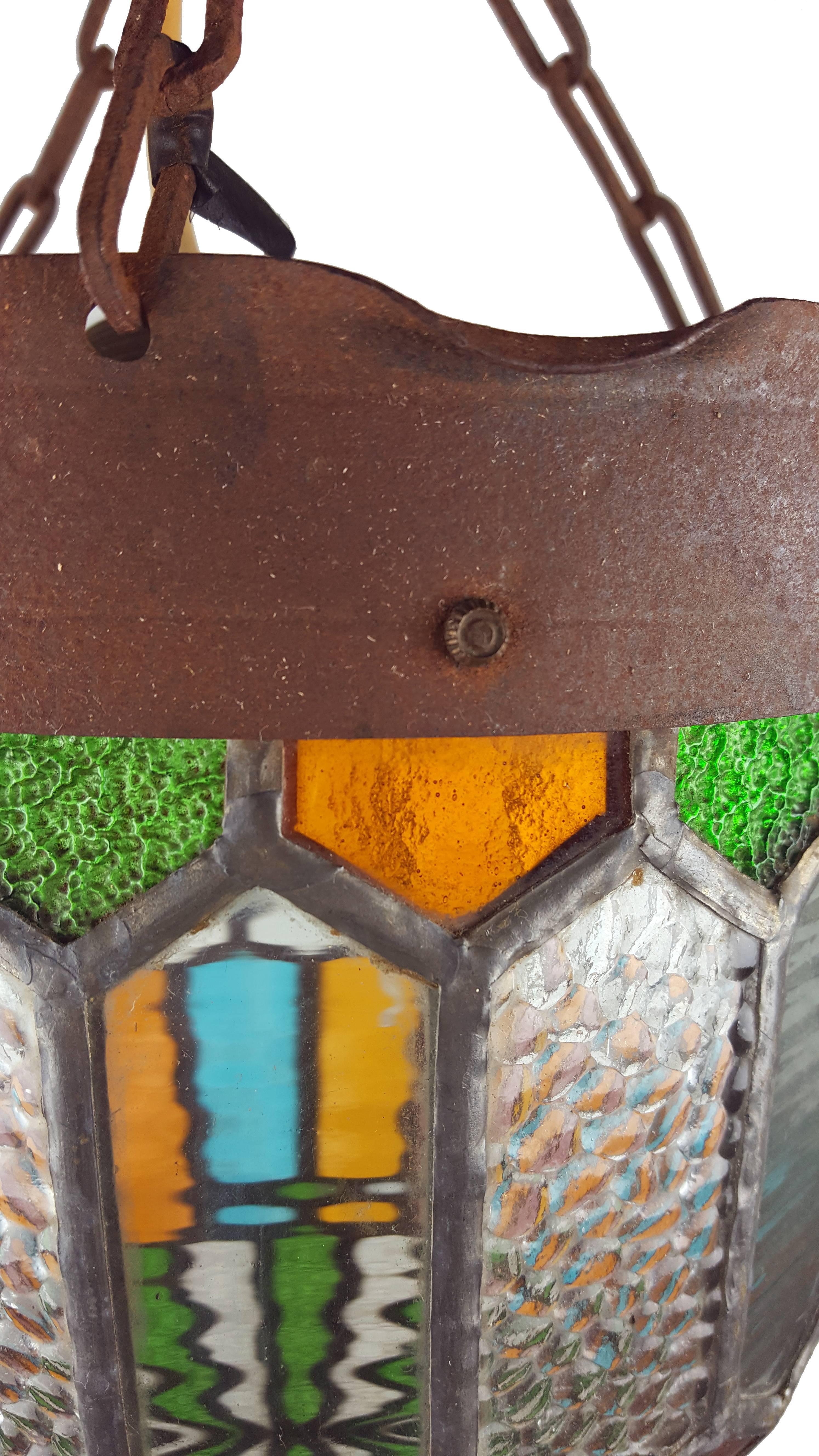 20th Century Gothic Style Chandelier or Light Fixture Colored Stained Glass Hanging Lantern For Sale