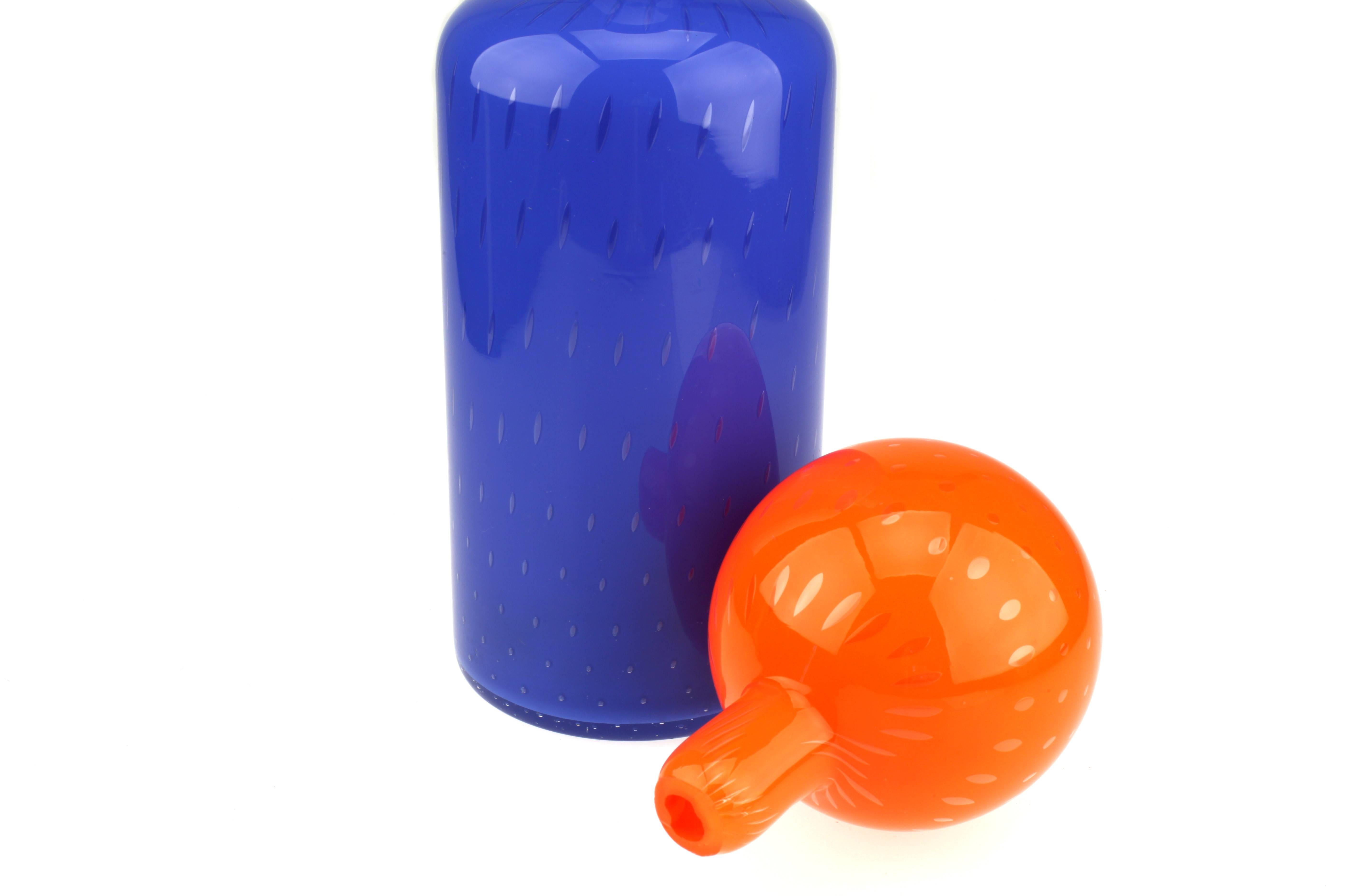Italian Orange and Blue Empoli Art Glass Decanter with Ball Stopper For Sale
