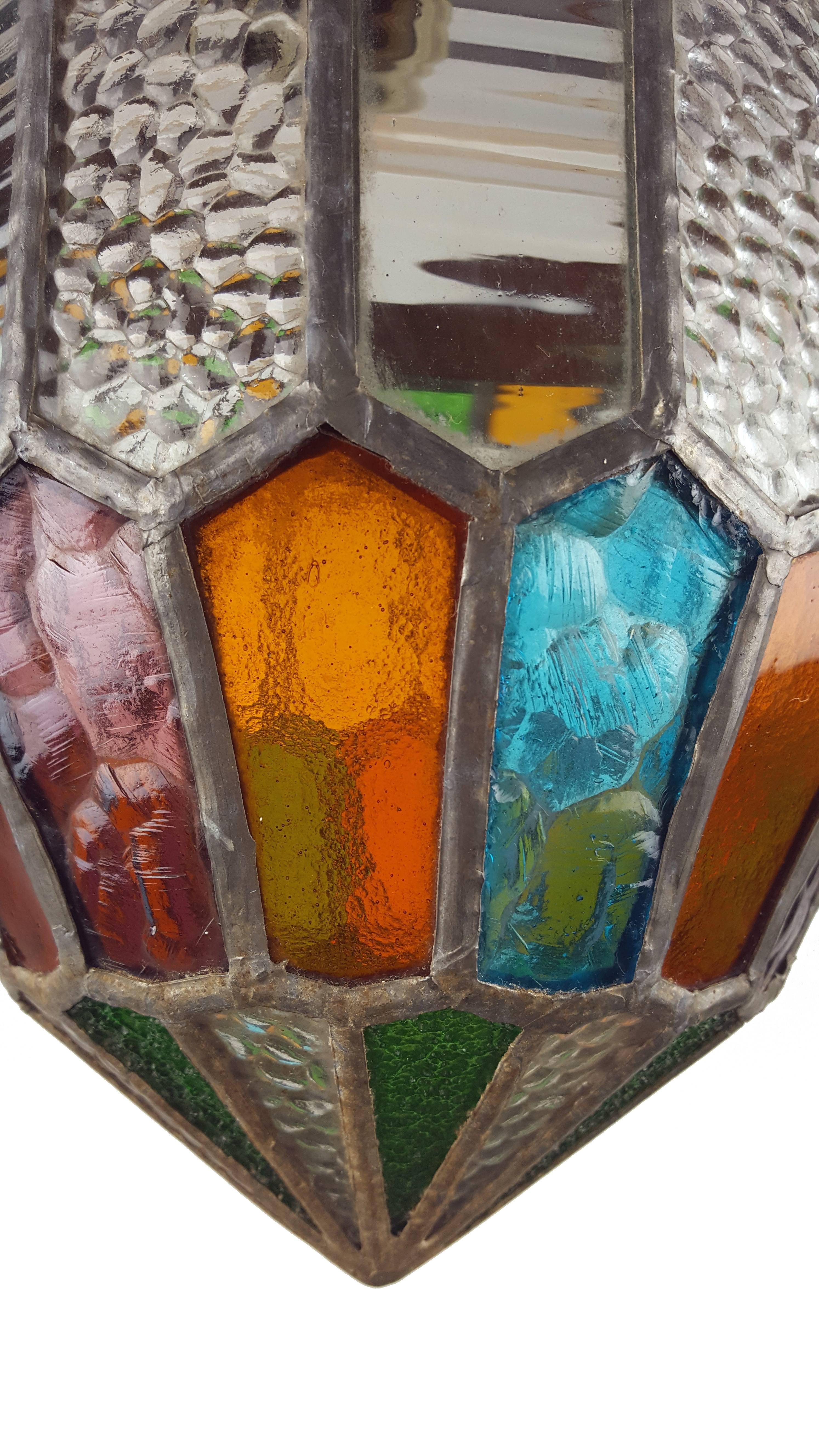 Art Nouveau Gothic Style Chandelier or Light Fixture Colored Stained Glass Hanging Lantern For Sale