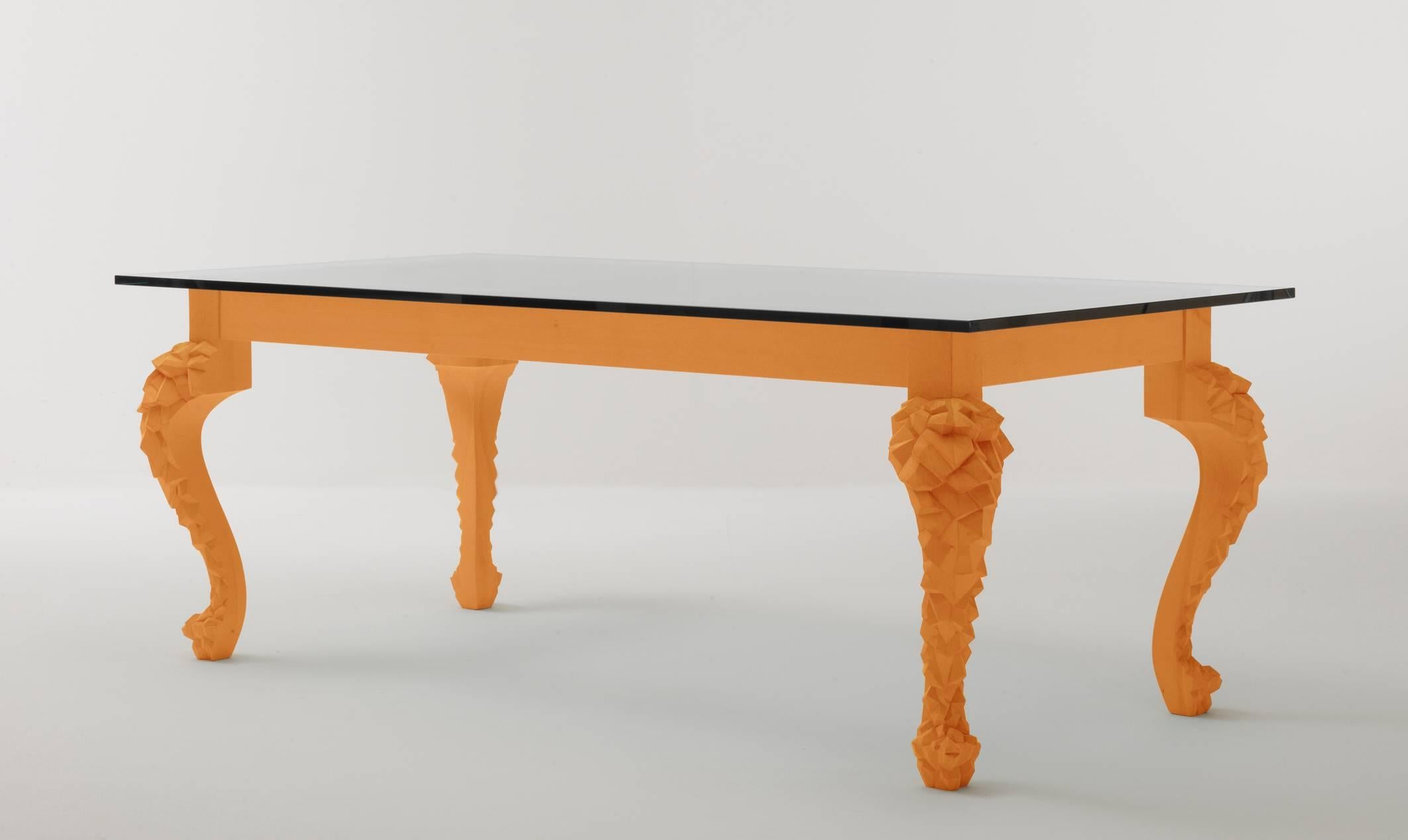 A double take on the table with a traditional cabriole leg. The Crusty table has a very special leg that has been processed digitally; Coates adjusted a scan of an original leg from Fratelli Boffi’s archive, and by adjusting the settings, came up