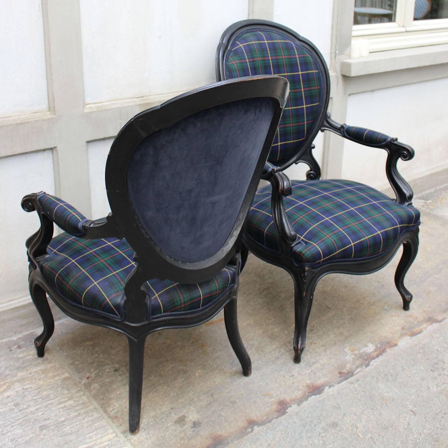 Pair of Louis Philippe bergere covered with new blue tartan fabric.