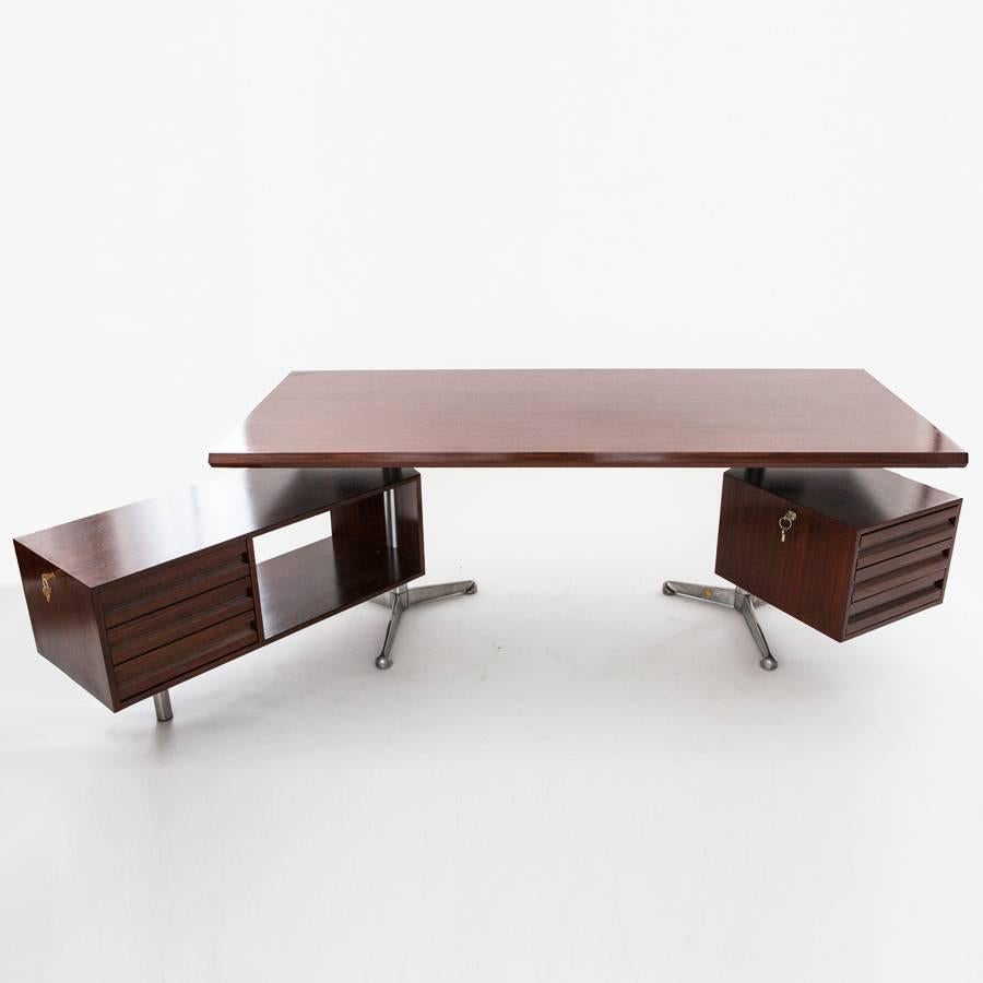 T 95 model writing desk with side containers in rosewood veneer and metal.