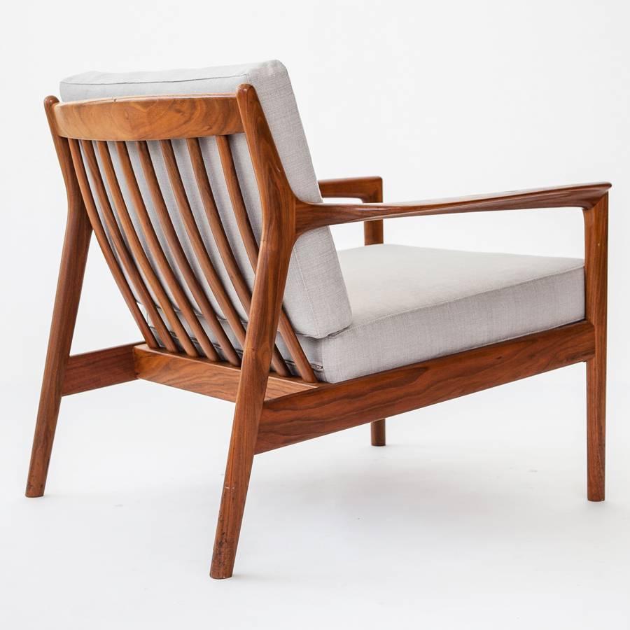 Swedish Pair of “USA -75” Lounge Chairs, in Walnut with Loose Cushions in Fabric