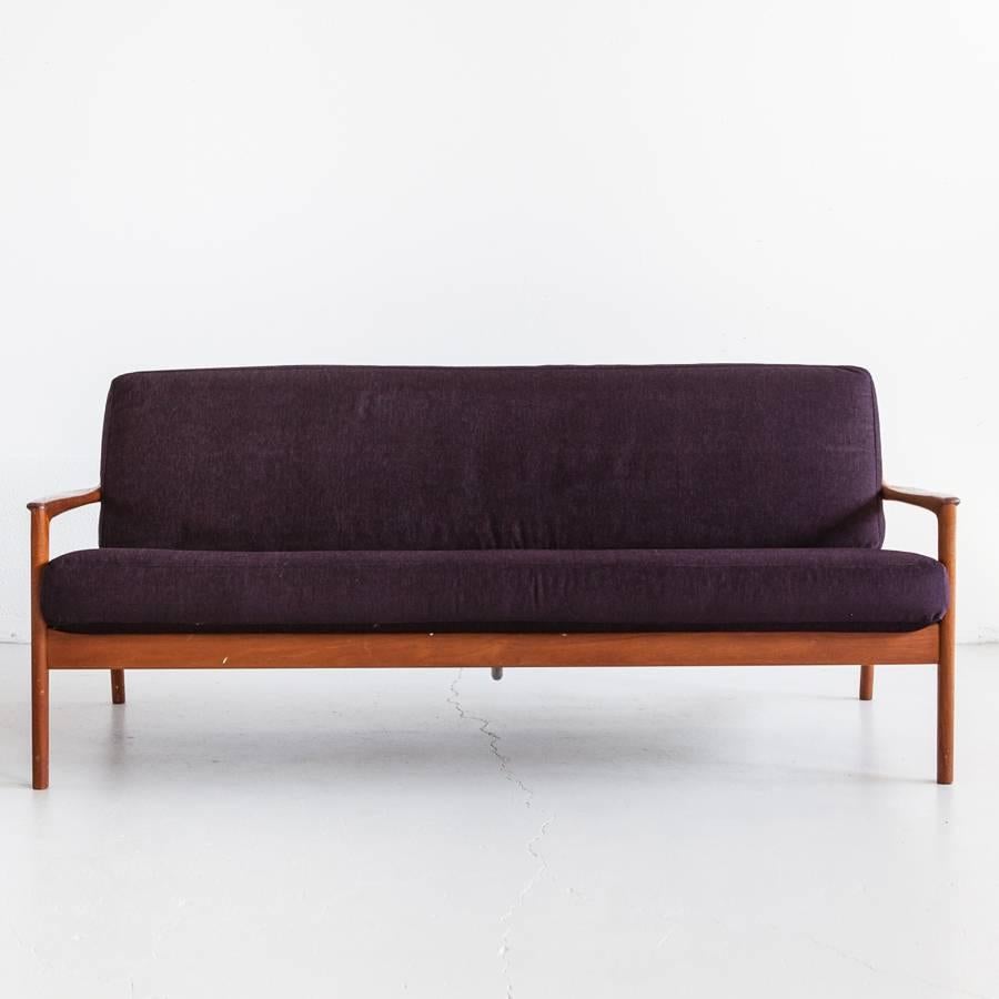 Folke Ohlsson 1960s sofa in Teak and Fabric produced in Sweden by Dux. Newly upholstered in Kwadrat fabric. Excellent condition.