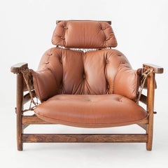 Jean Gillon Cognac Leather and Jacaranda  'Jangada' Lounge Chair, Brazil 1960s