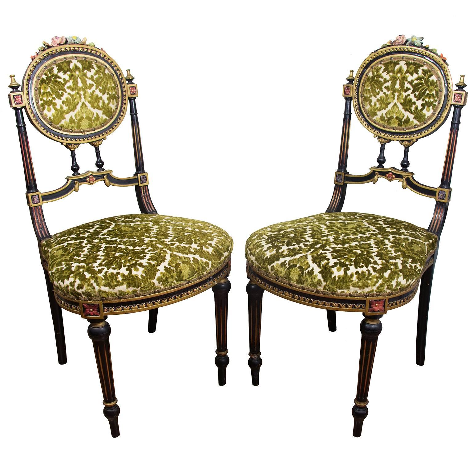 Pair of Italian Painted Carved Wood and Velvet Louis XVI Style Side Chairs For Sale