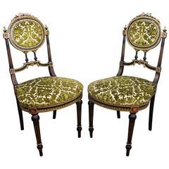 Pair of Italian Painted Carved Wood and Velvet Louis XVI Style Side Chairs