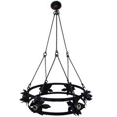 20th Century Circular Black Wrought Iron Gothic Style Chandelier
