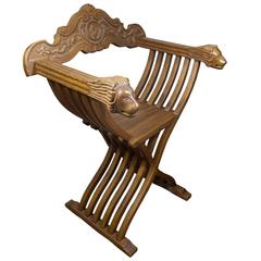 Retro 20th Century Florentine Renaissance Carved Wood Savonarola Chair
