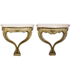 Pair of Italian Painted Carved Wood and Marble Console Tables or End Tables