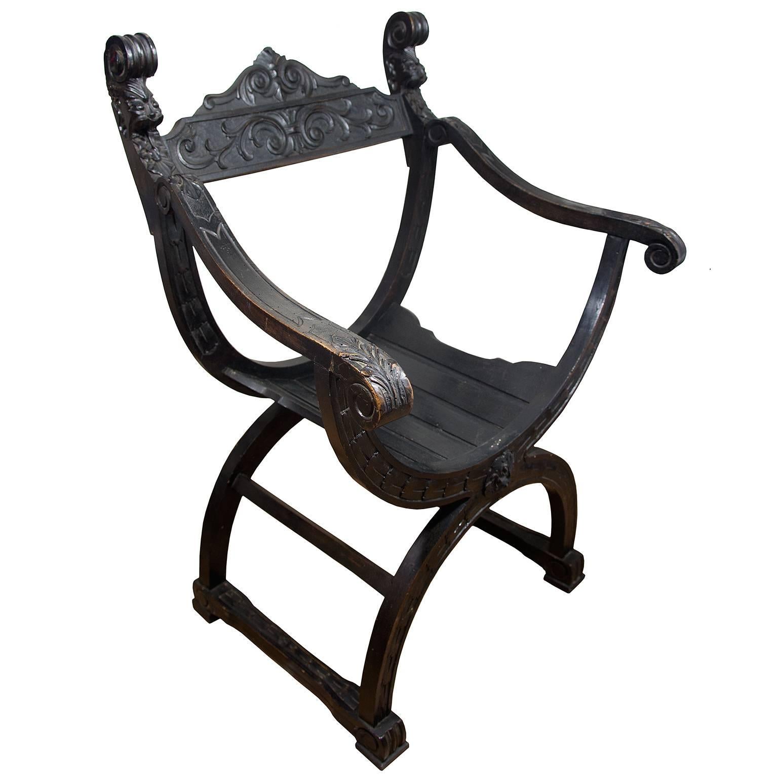 19th Century Italian Carved Wood Renaissance Style Dantesca Chair