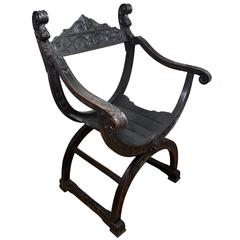 19th Century Italian Carved Wood Renaissance Style Dantesca Chair