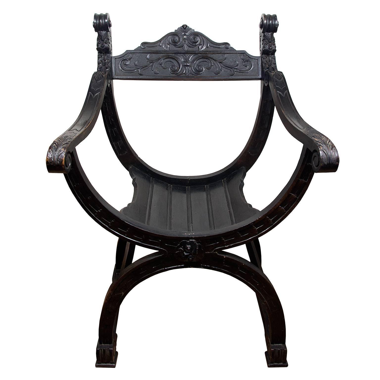Beautiful typical Florentine neo-Renaissance carved wood Dantesca chair.
Very good vintage condition (please see photos). 

Measurements:
Height 87 cm / 34.3 in
Width 60 cm / 24 in
Depth 38.5 / 15 in
Seat height 38 / 15 in


Dantesca is a