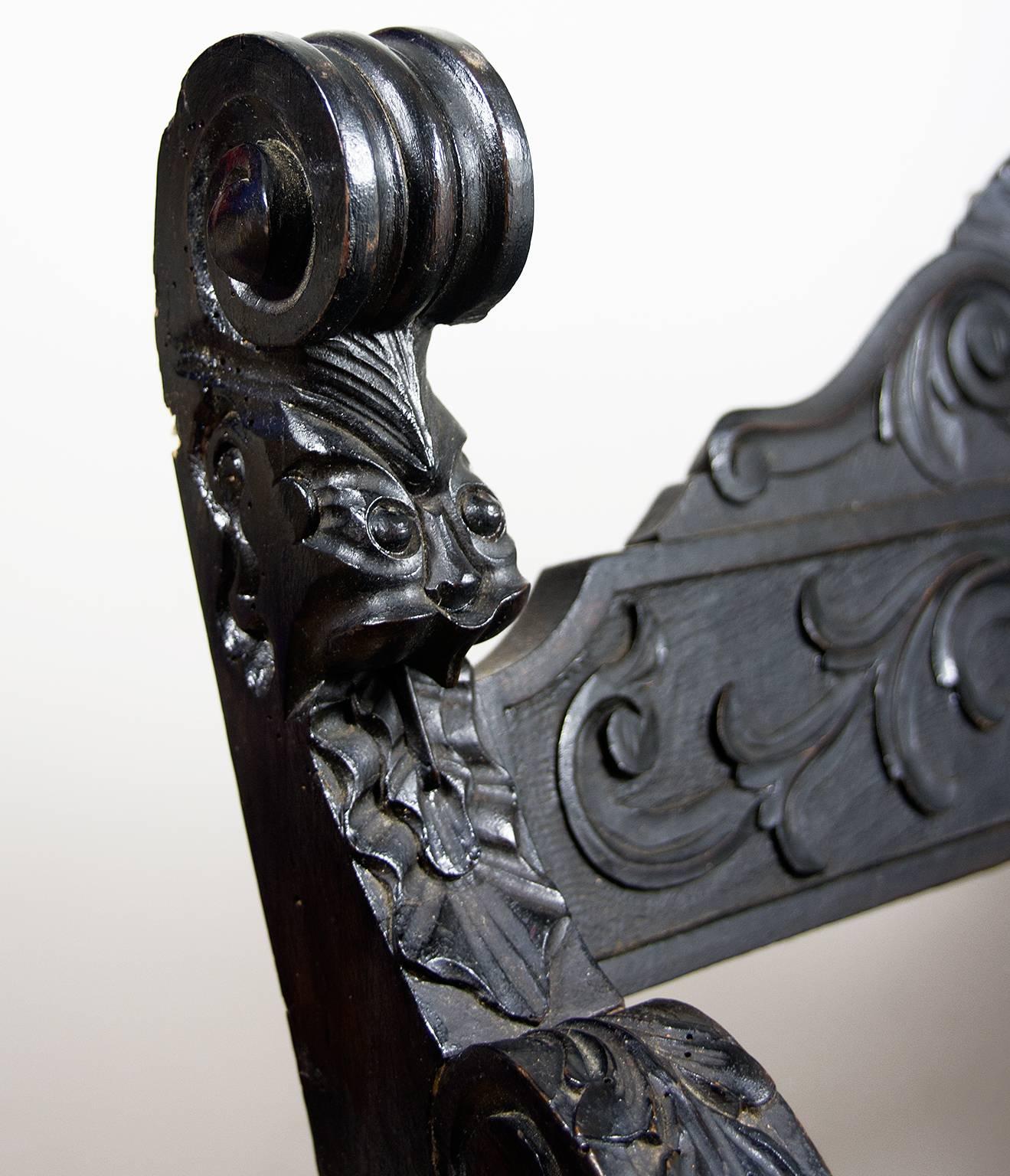 19th Century Italian Carved Wood Renaissance Style Dantesca Chair 1
