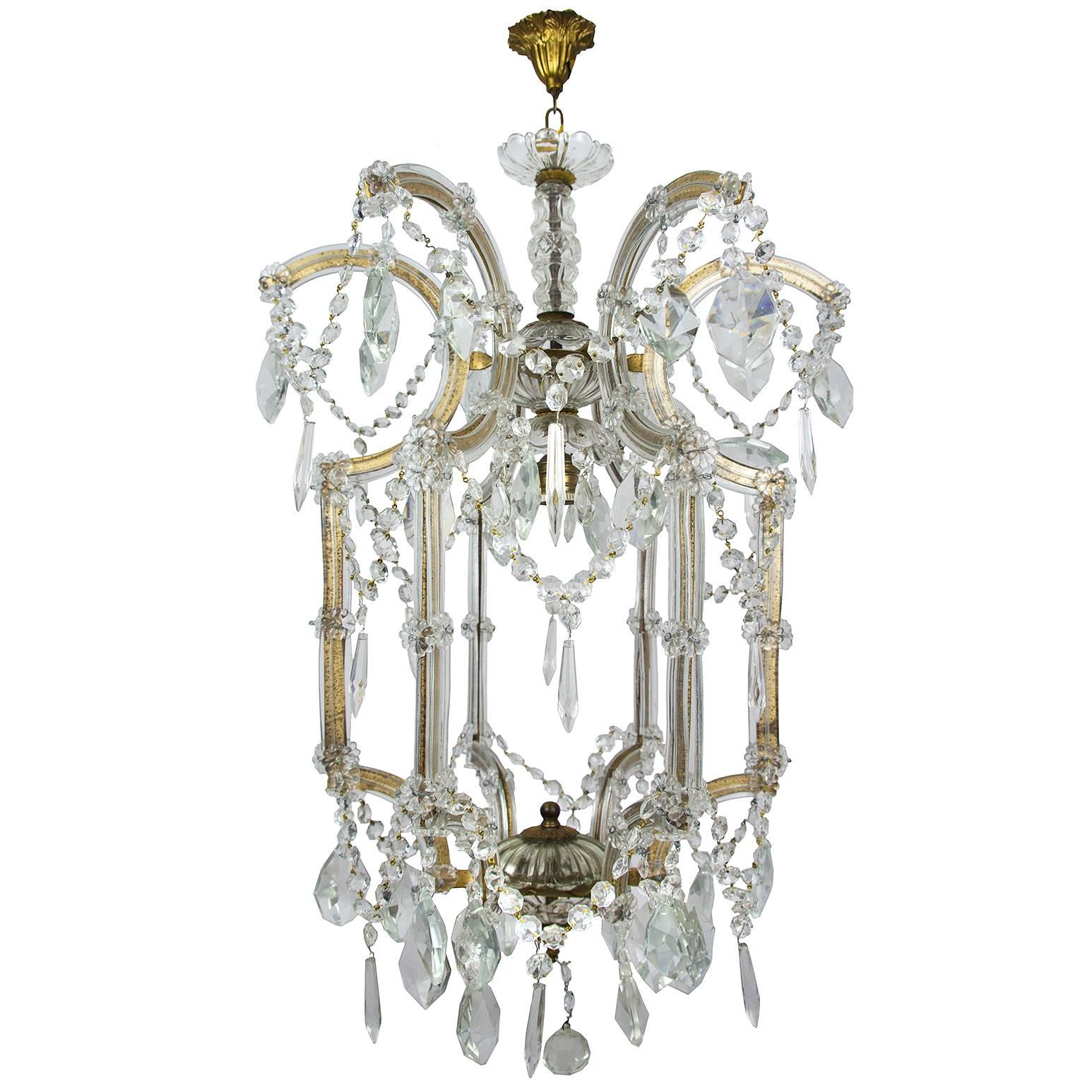 Italian Maria-Theresa Style Crystal Glass and Brass Cage Chandelier For Sale