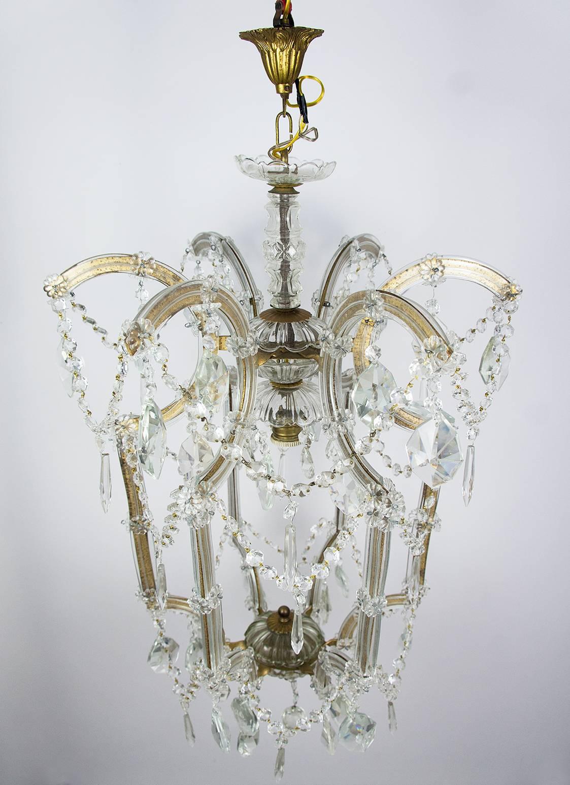 Baroque Italian Maria-Theresa Style Crystal Glass and Brass Cage Chandelier For Sale
