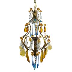 Small Brass and Multi-Color Crystal and Murano Glass Chandelier One-Light