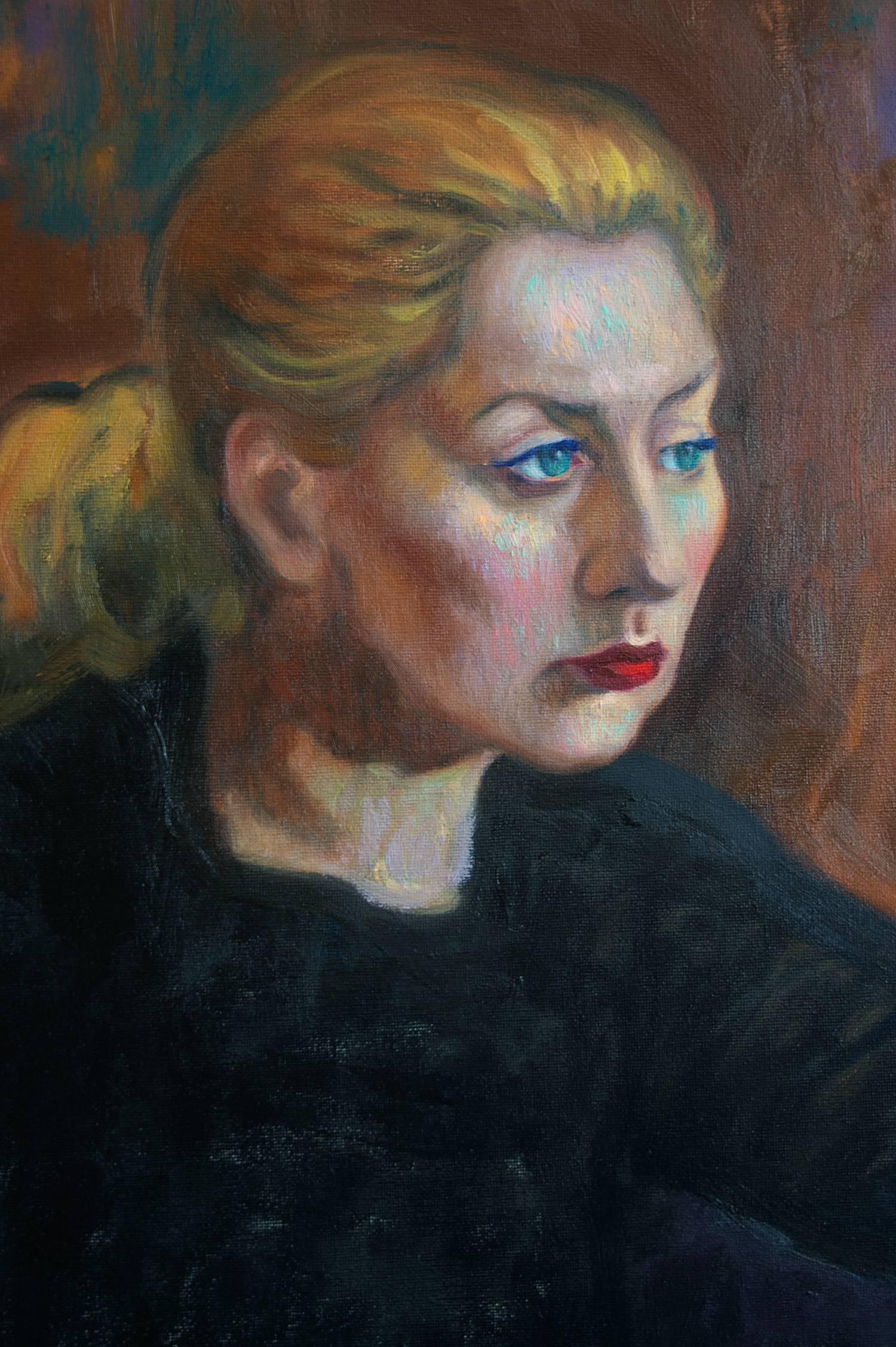 Title: The Witch
Artist: Elina Arbidane (emerging contemporary impressionist painter), Latvia.
Original hand-painted portrait of a woman in black.
Oil paints on canvas.
Not a print or copy, only one available.
Signed on the front.
Measures: