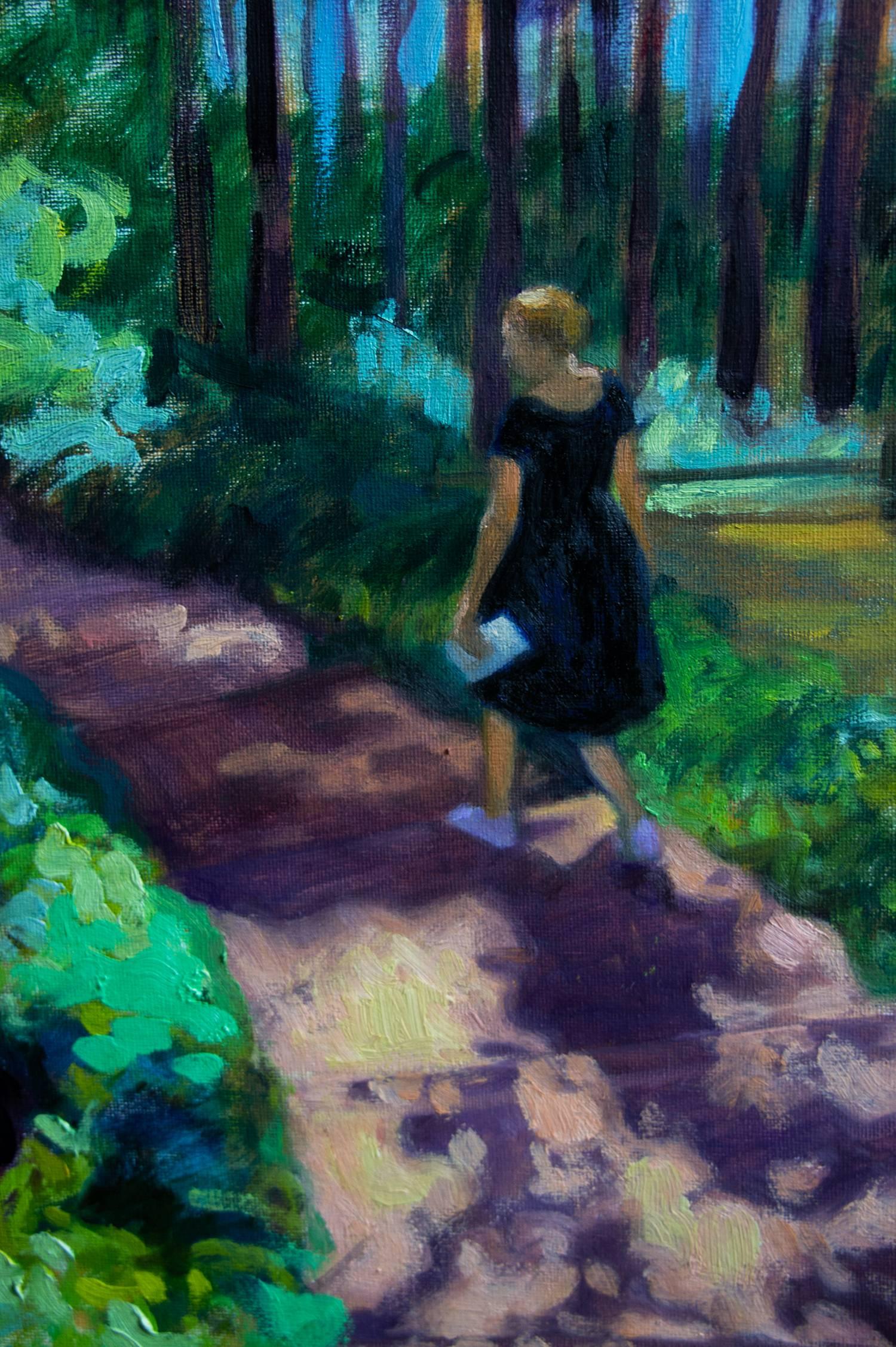 Title: A Walk in the Forest
Artist: Elina Arbidane (emerging contemporary impressionism painter), Latvia
Original hand-painted alla prima painting of forest and a woman in black dress 
Oil paints on canvas
Not a print or copy, only one