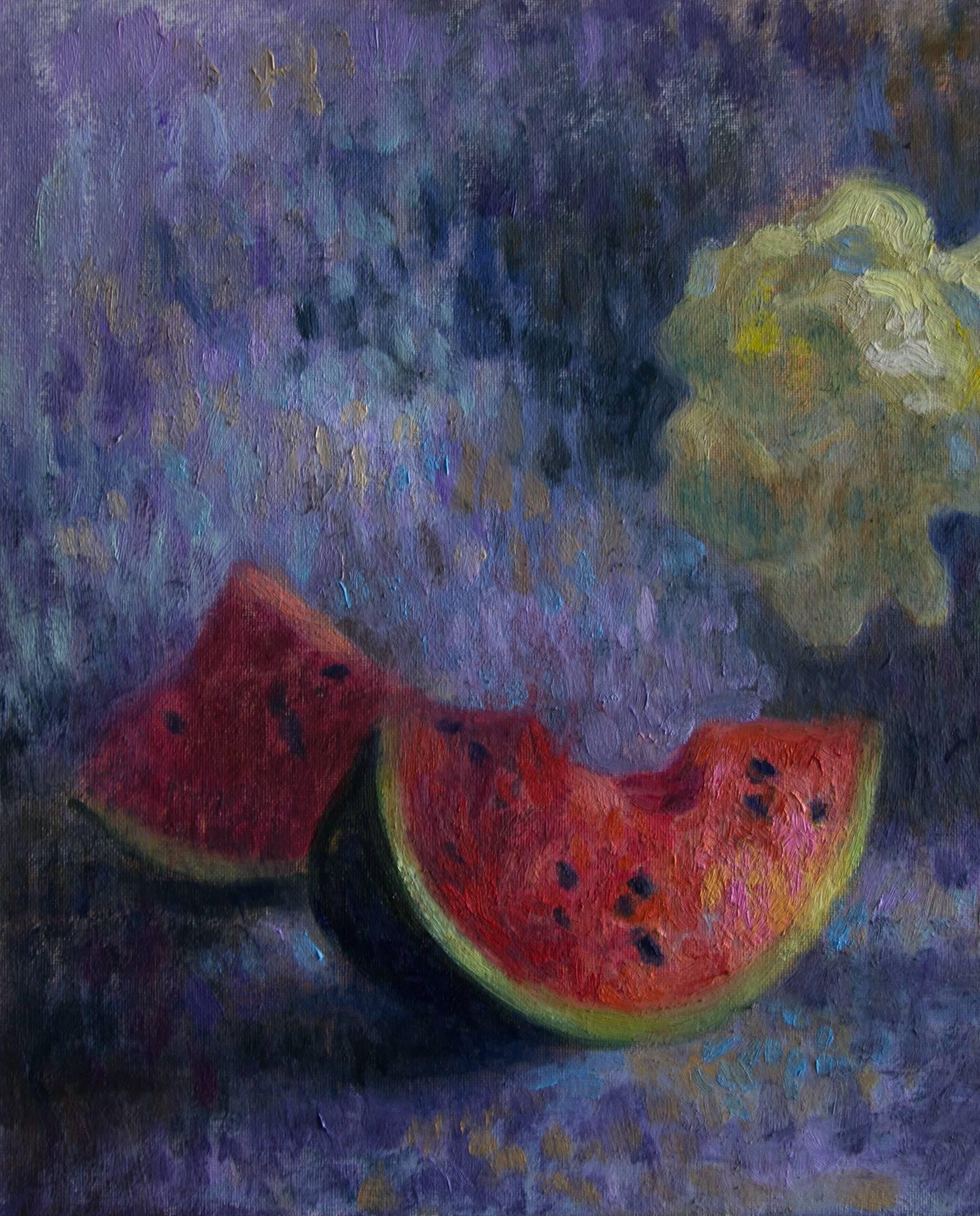 Title: Still Life with Watermelon and Flowers
Artist: Elina Arbidane (contemporary impressionist painter), Latvia
Original hand-painted still life
Oil paints on canvas
Not a print or copy, only one available
Signed on the front
Measure: 50 cm