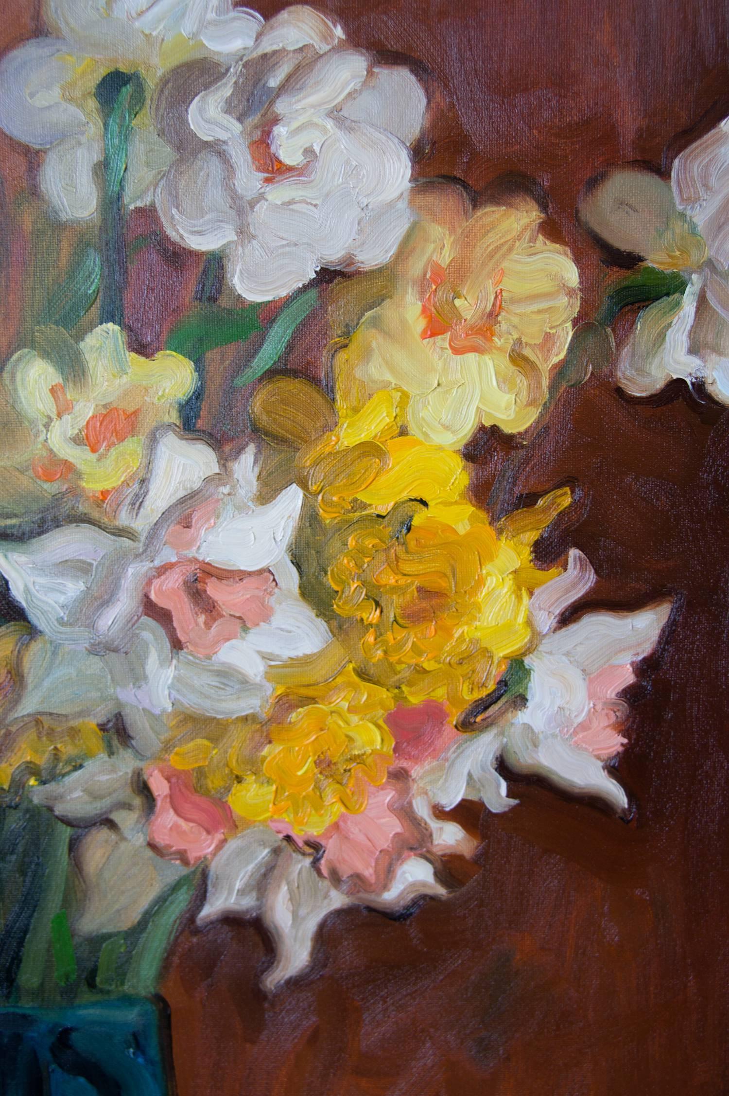 Title: Still Life with Four Species of Narcissus
Artist: Elina Arbidane (emerging contemporary Impressionism painter), Latvia
Original hand-painted alla prima oil on canvas still life with Narcissus flowers in vase
Not a print or copy, only one